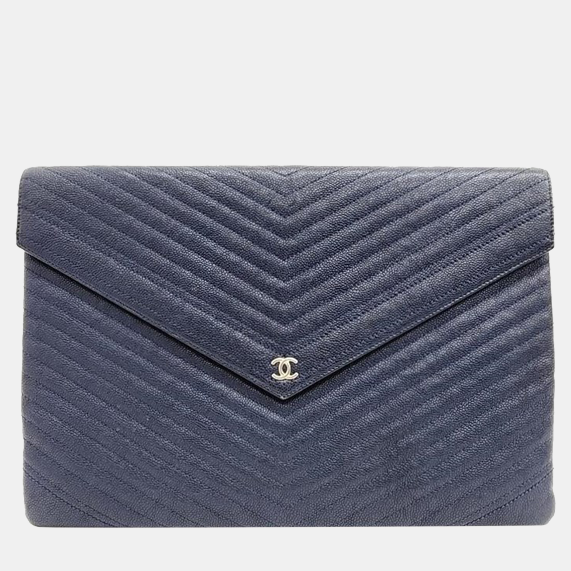 Pre-owned Chanel Caviar Chevron Clutch In Navy Blue