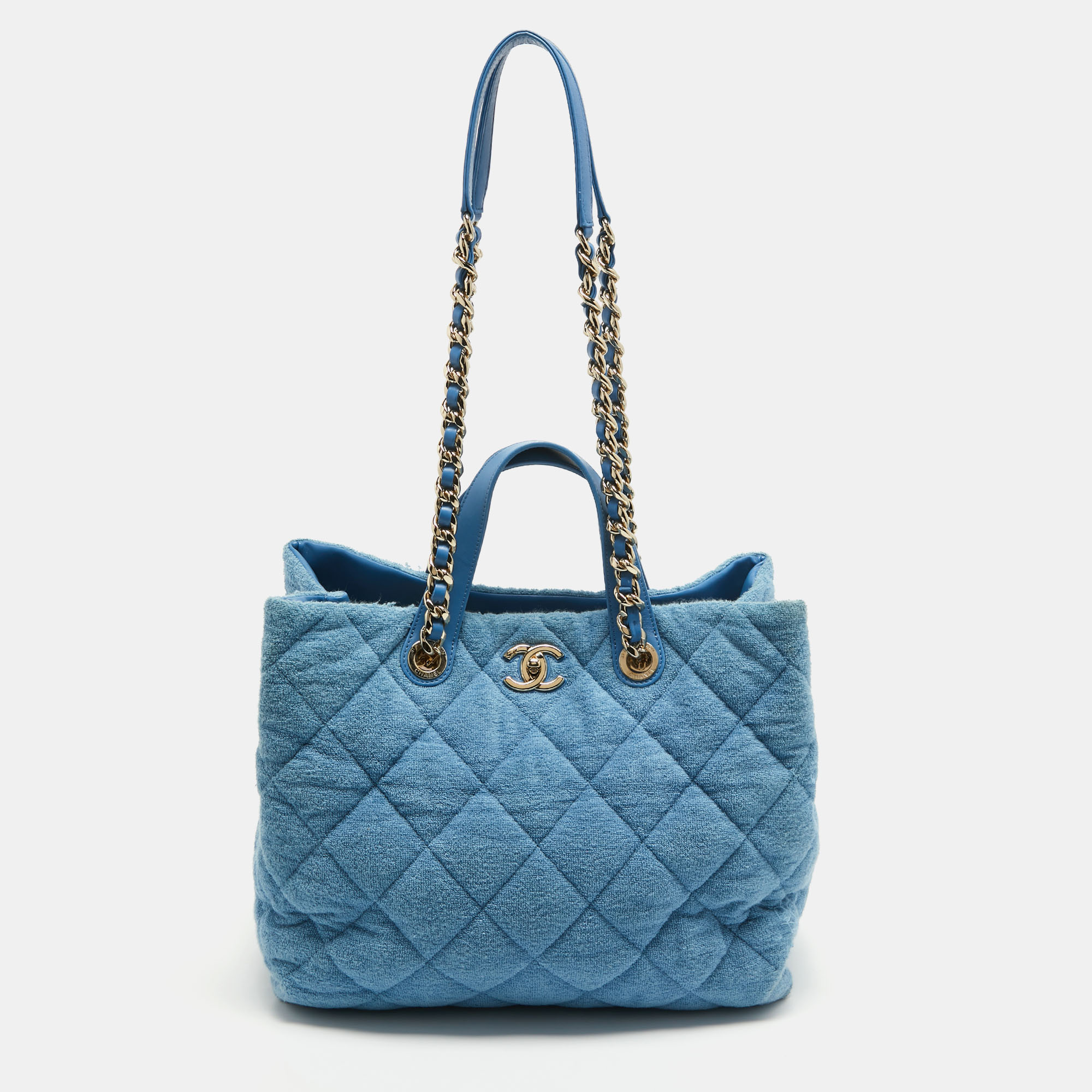 Pre-owned Chanel Light Blue Quilted Terry Cloth Coco Beach Shopper Tote
