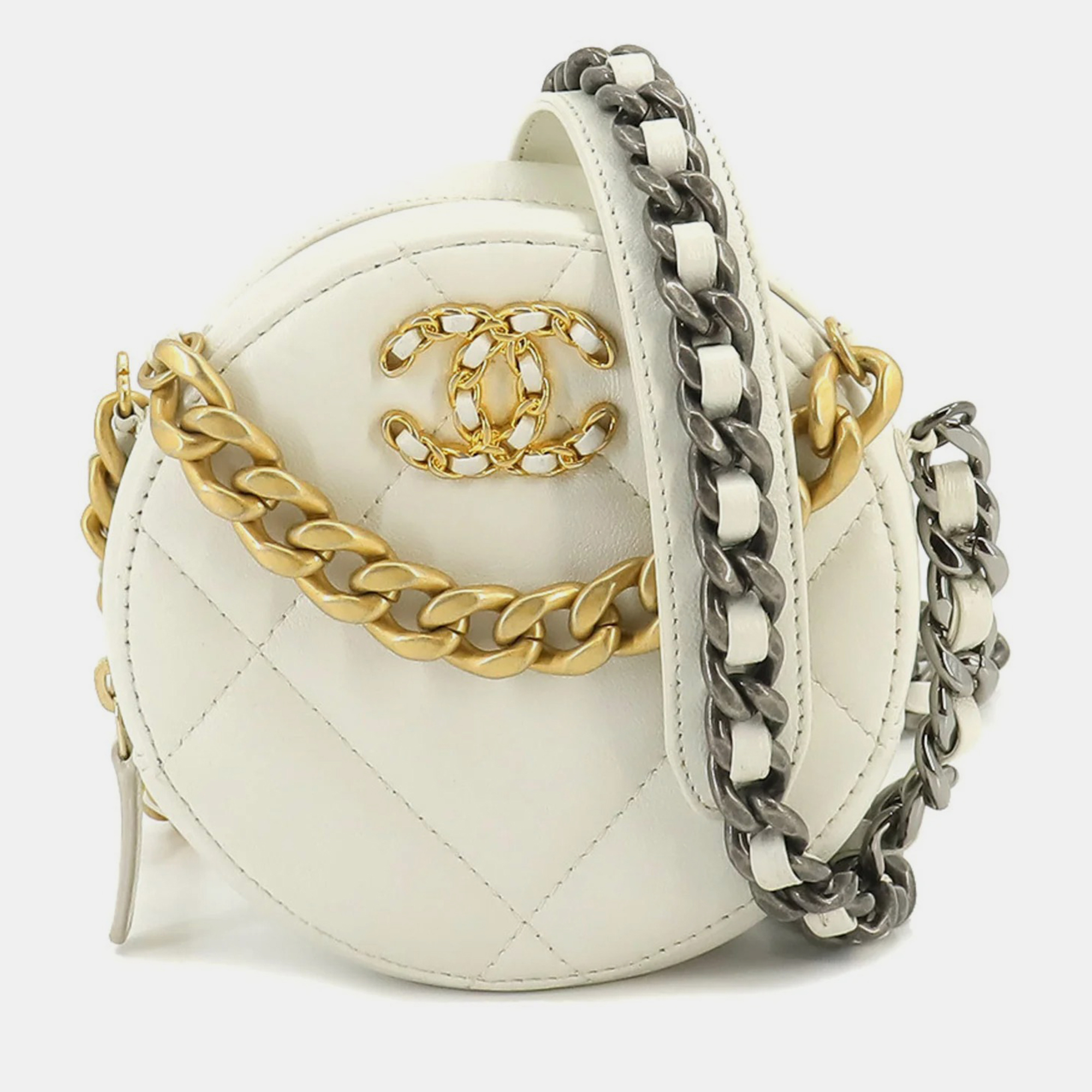 Pre-owned Chanel White Leather 19 Round Clutch Chain Shoulder Bag