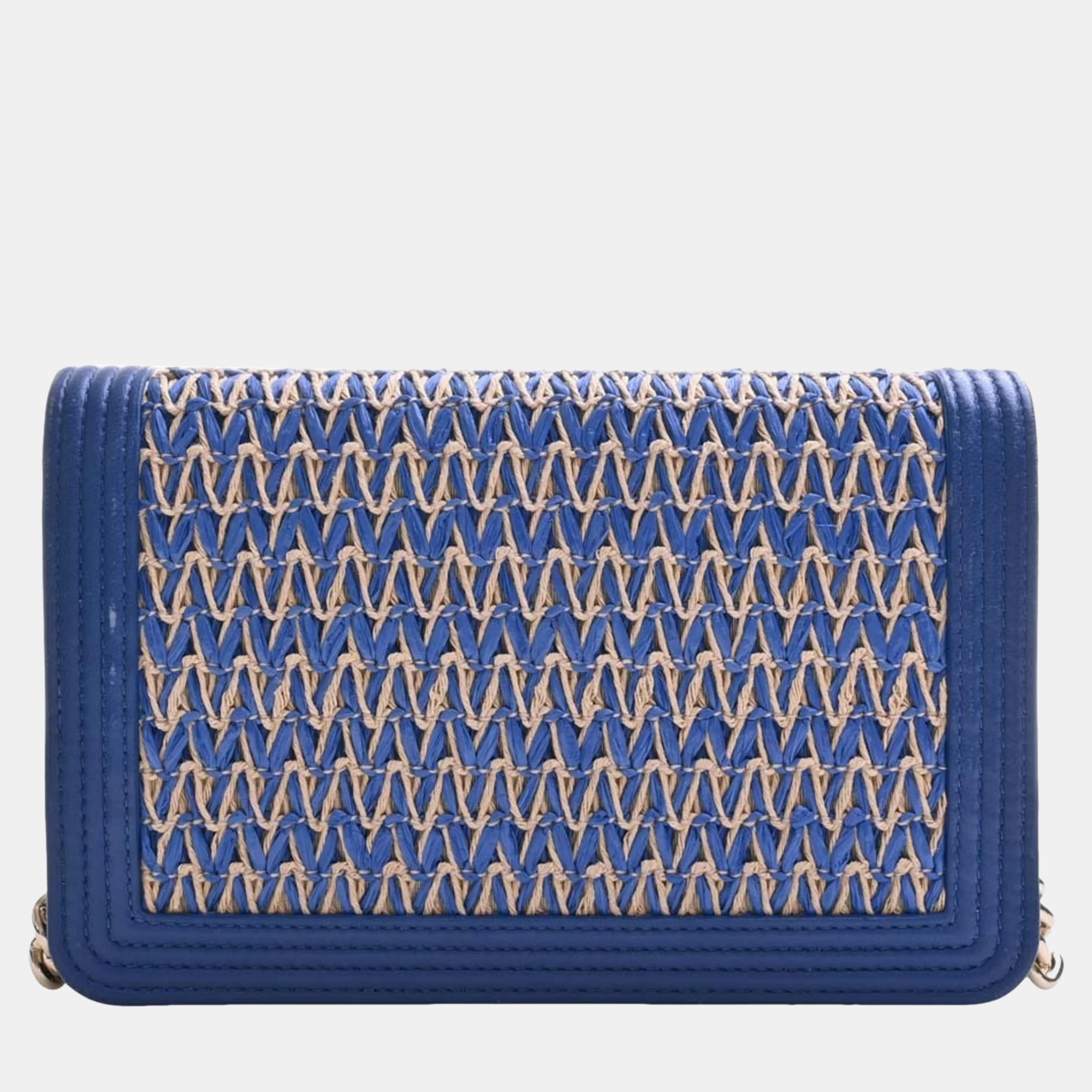

Chanel Blue/ Beige Medium Raffia Boy Bag