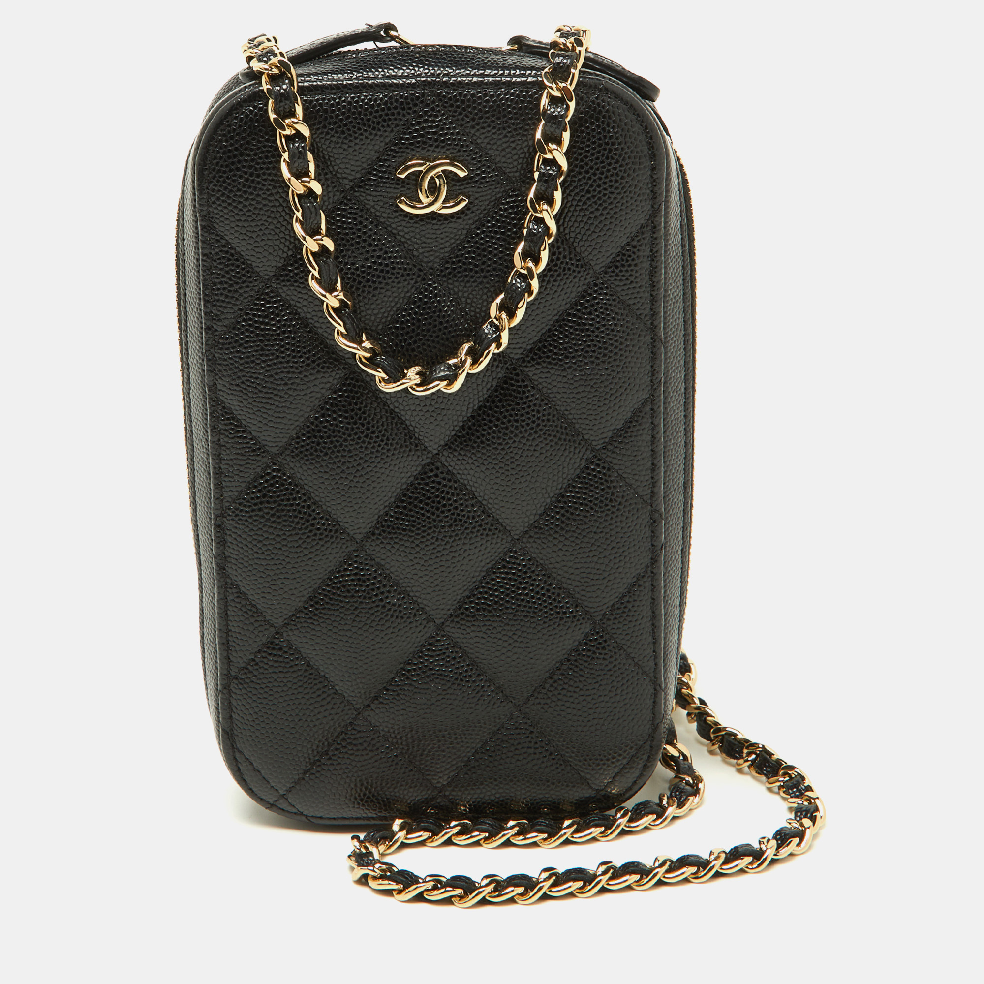 Pre-owned Chanel Black Quilted Caviar Leather Phone Holder Crossbody Bag