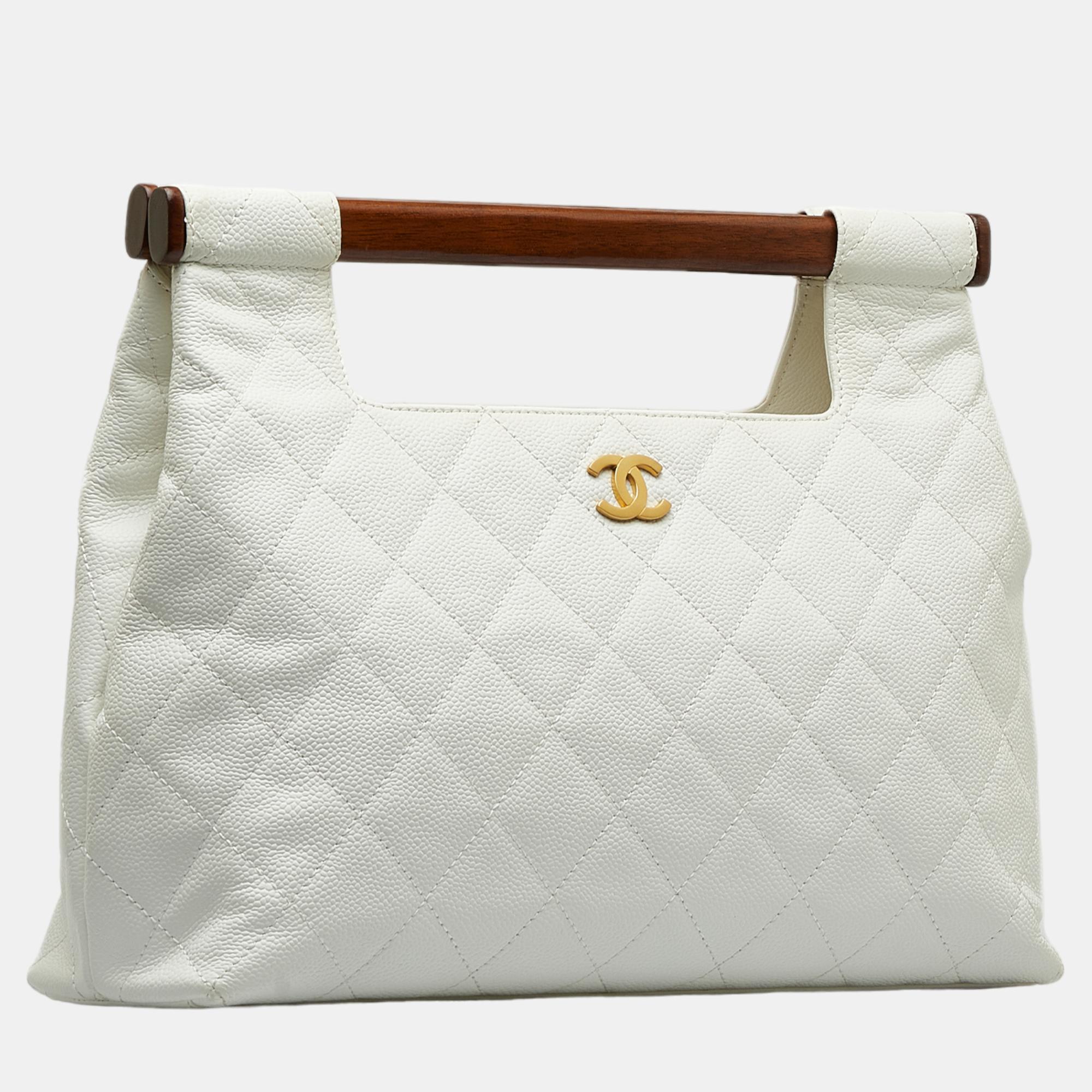 

Chanel White Quilted Caviar Wood Handle Tote Bag