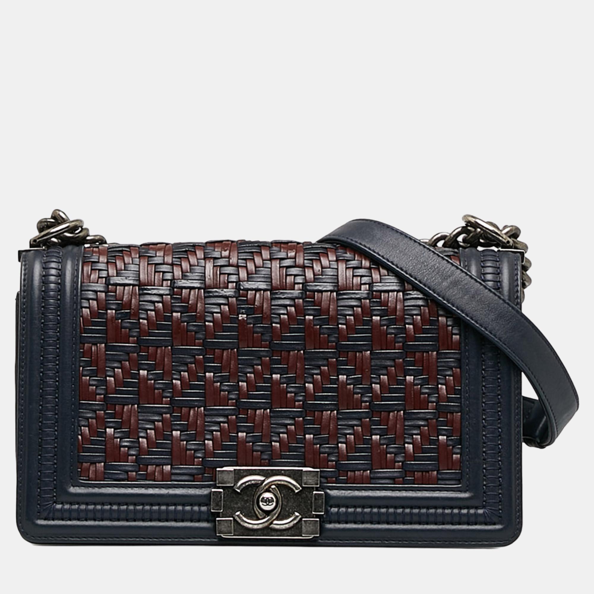 

Chanel Navy Blue/Red Medium Woven Lambskin Boy Flap