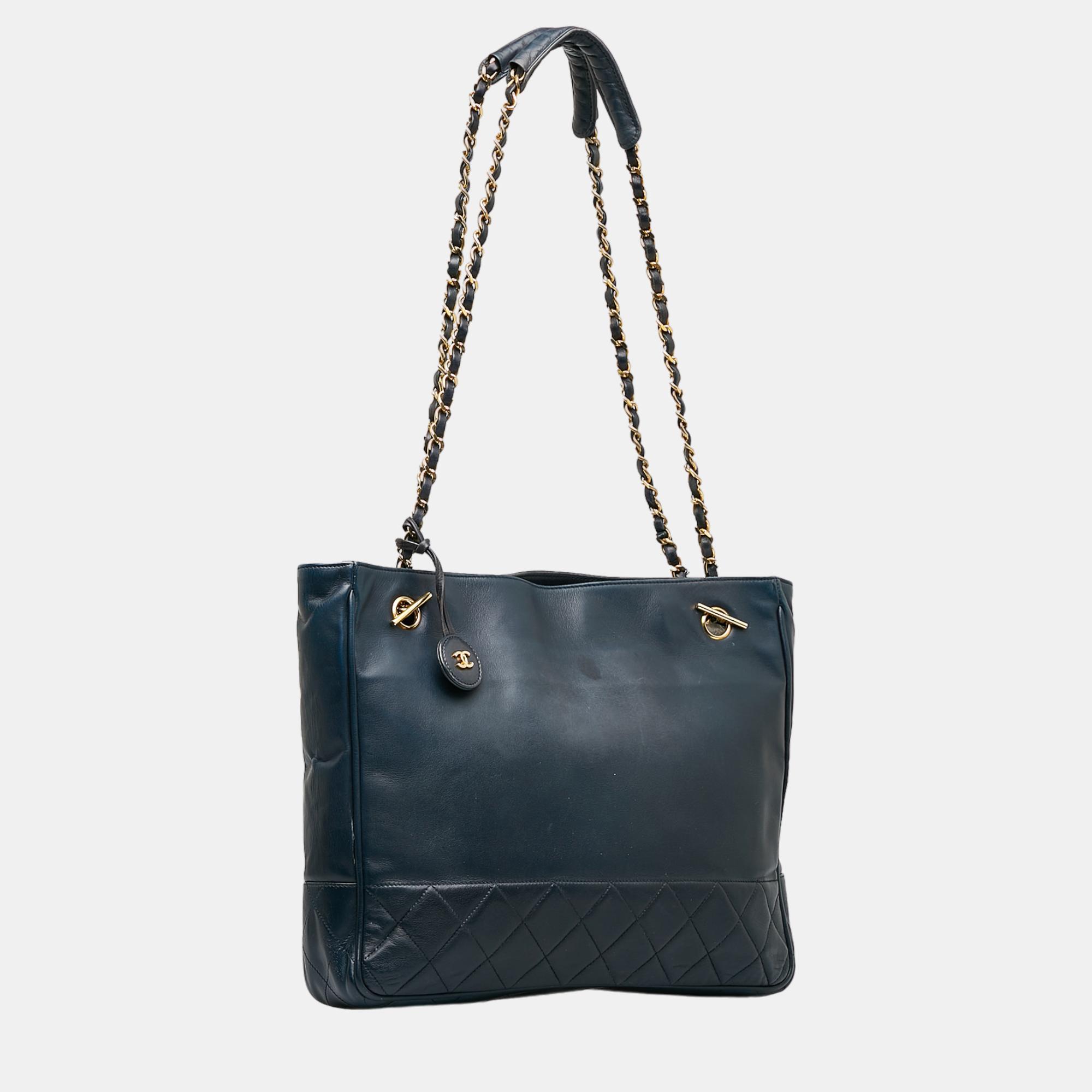 

Chanel Navy Blue Matelasse Lambskin Chain Tote Bag