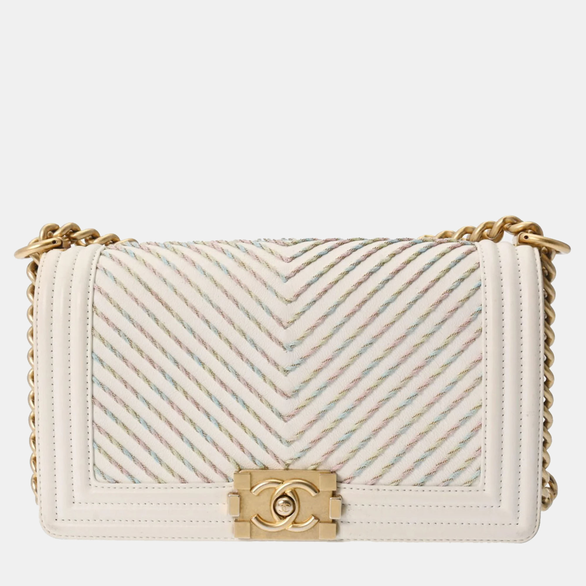 

CHANEL White Embroidered Medium By The Sea Boy Bag