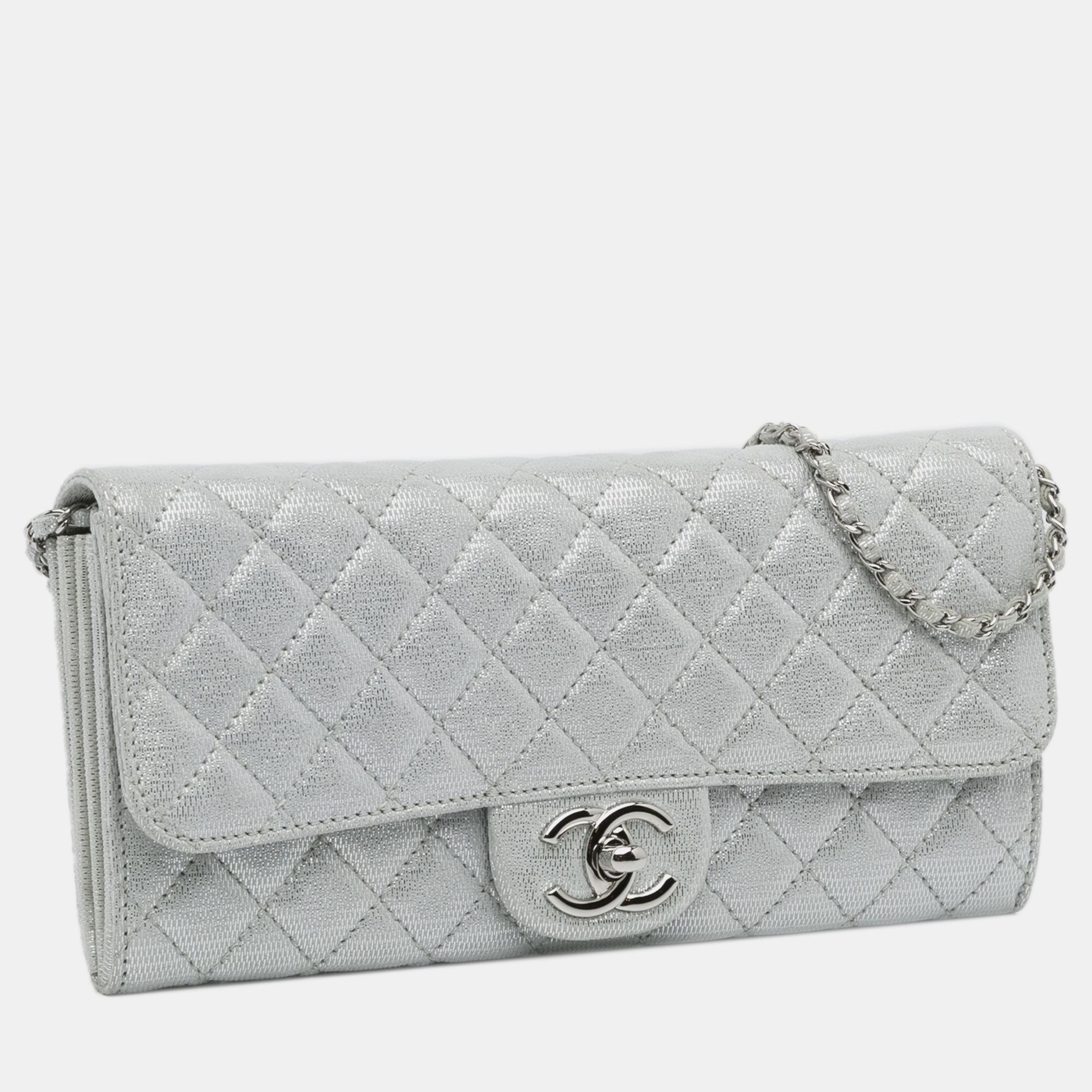 

Chanel Metallic Suede East West Flap Clutch, Silver