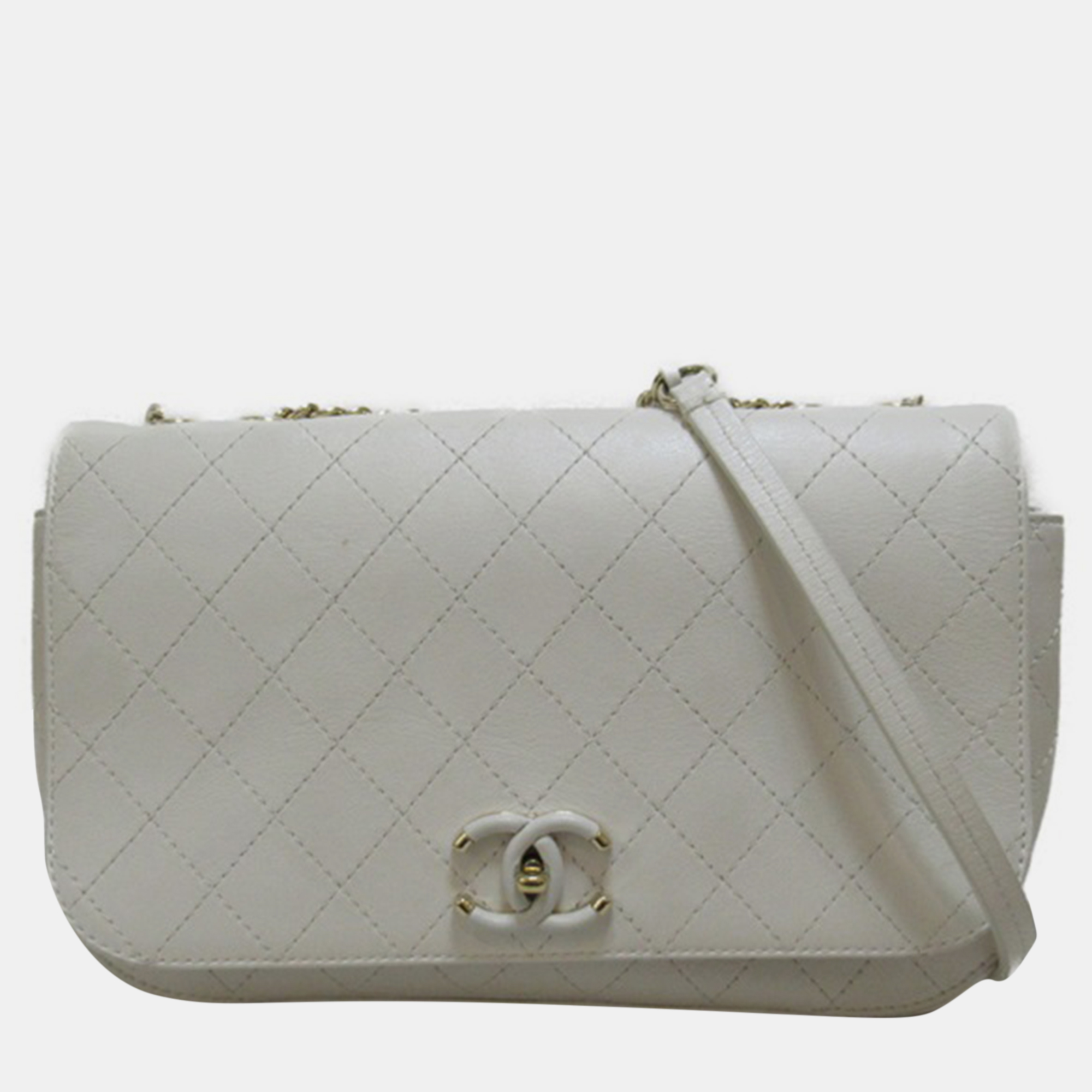 

Chanel White Leather CC Quilted Leather Full Flap Bag
