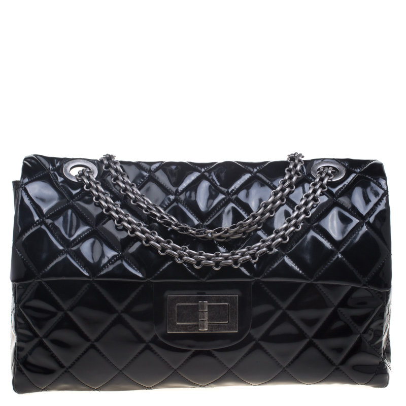 Pre Owned Chanel Black Quilted Patent Leather XXL Reissue Travel Bag