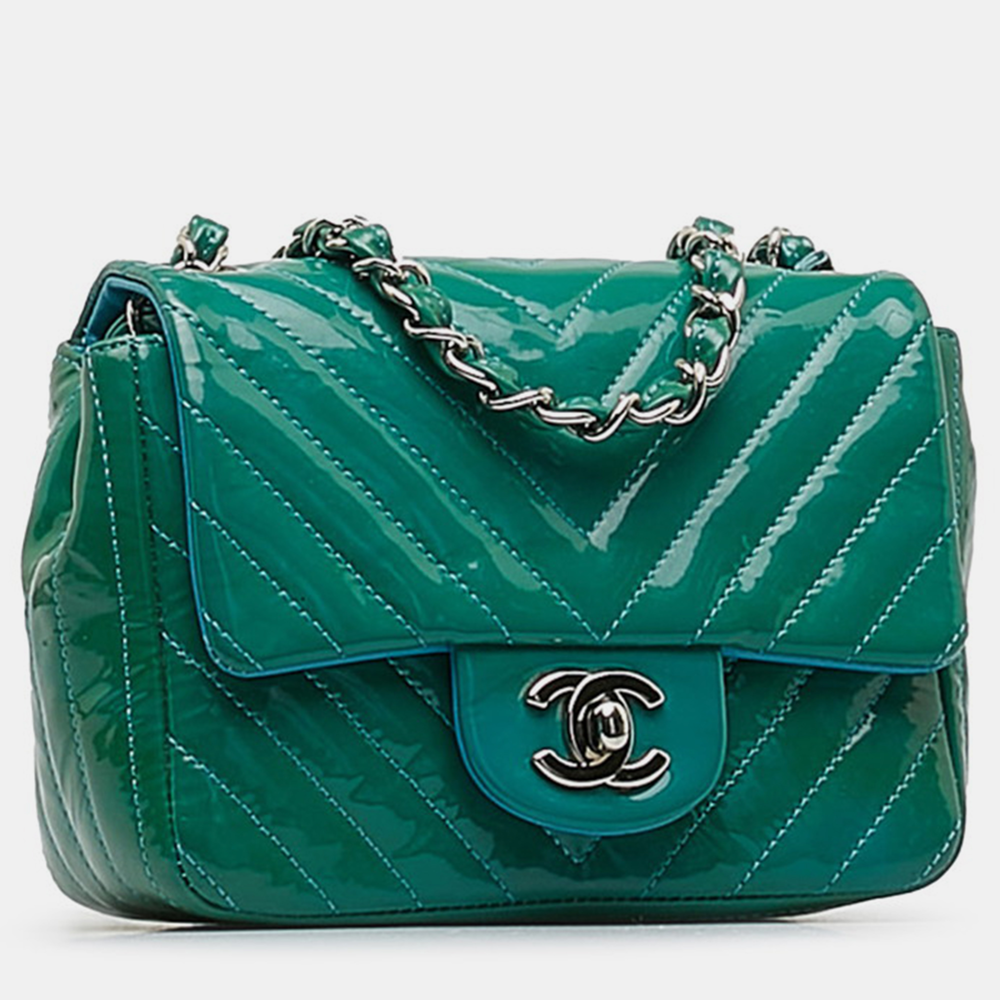 

Chanel Green Patent Leather Mini Chevron Double Flap Bag