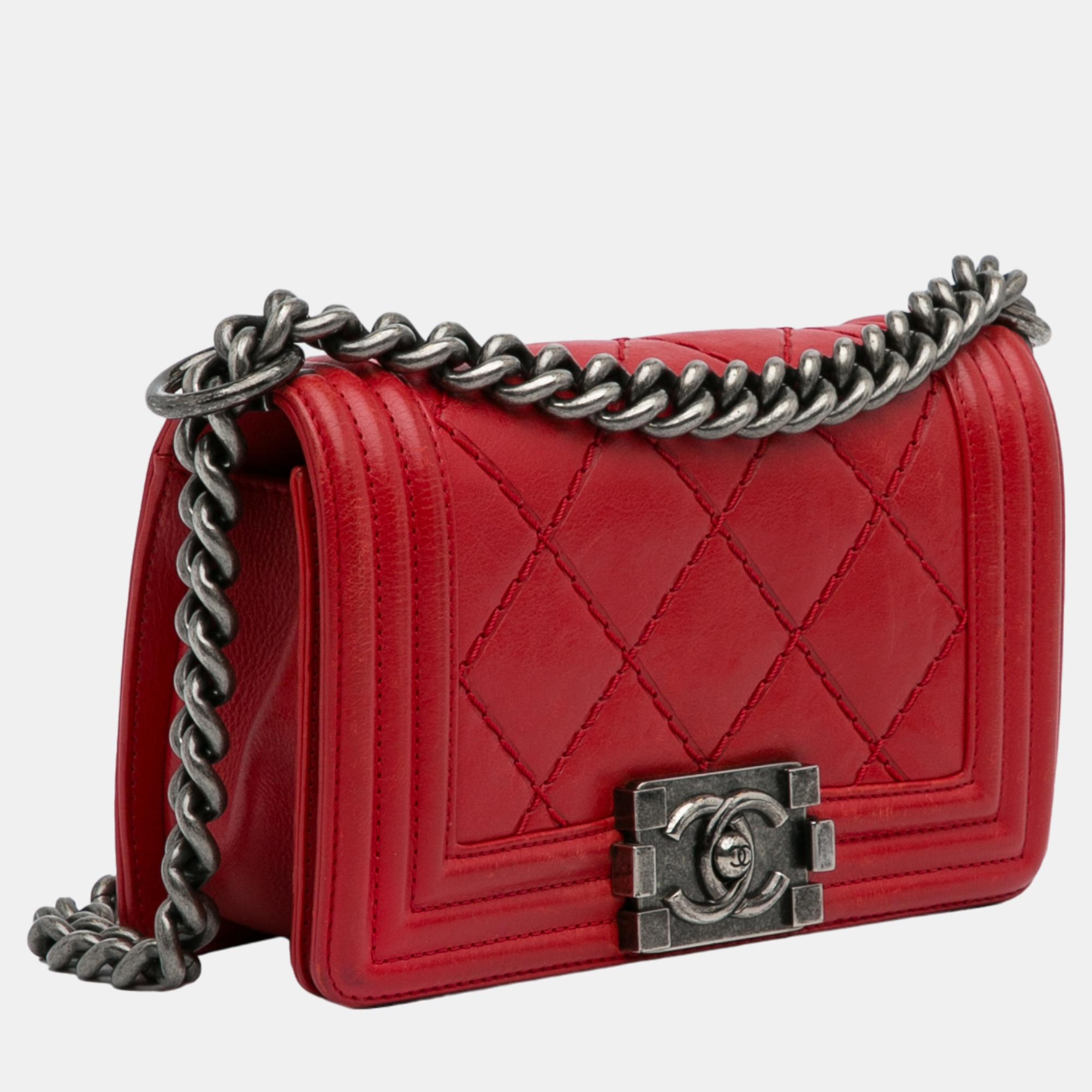 

Chanel Red Mini Boy Lambskin Double Stitch Flap