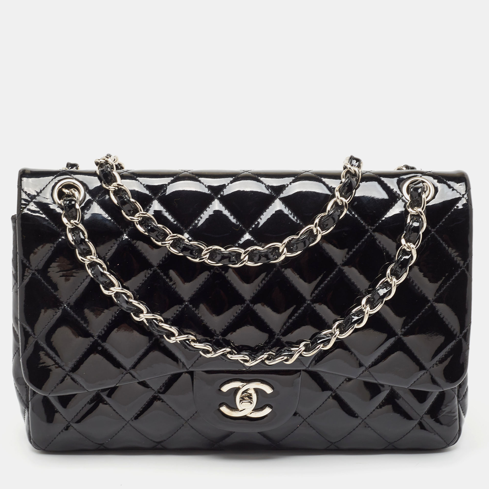 Pre-owned Chanel Black Quilted Patent Leather Jumbo Classic Double Flap Bag