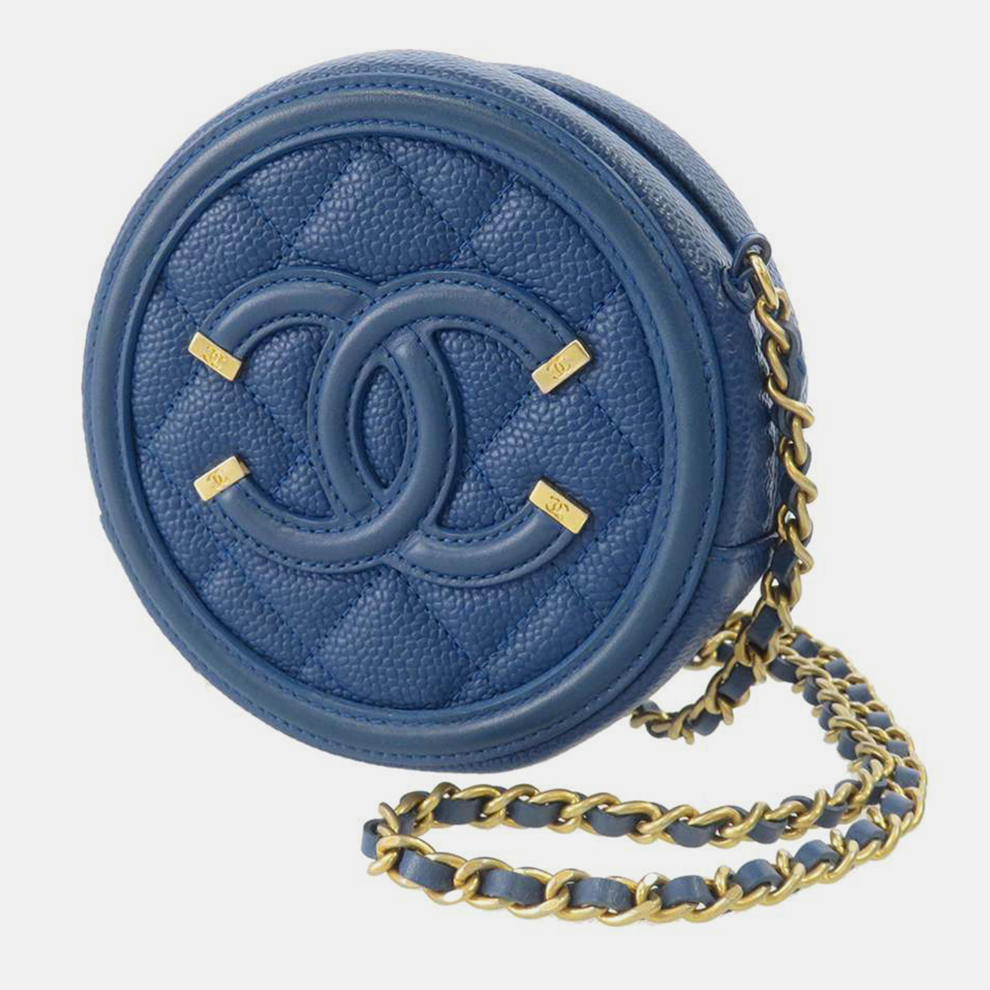 Pre-owned Chanel Blue Leather Cc Filigree Round Clutch On Chain