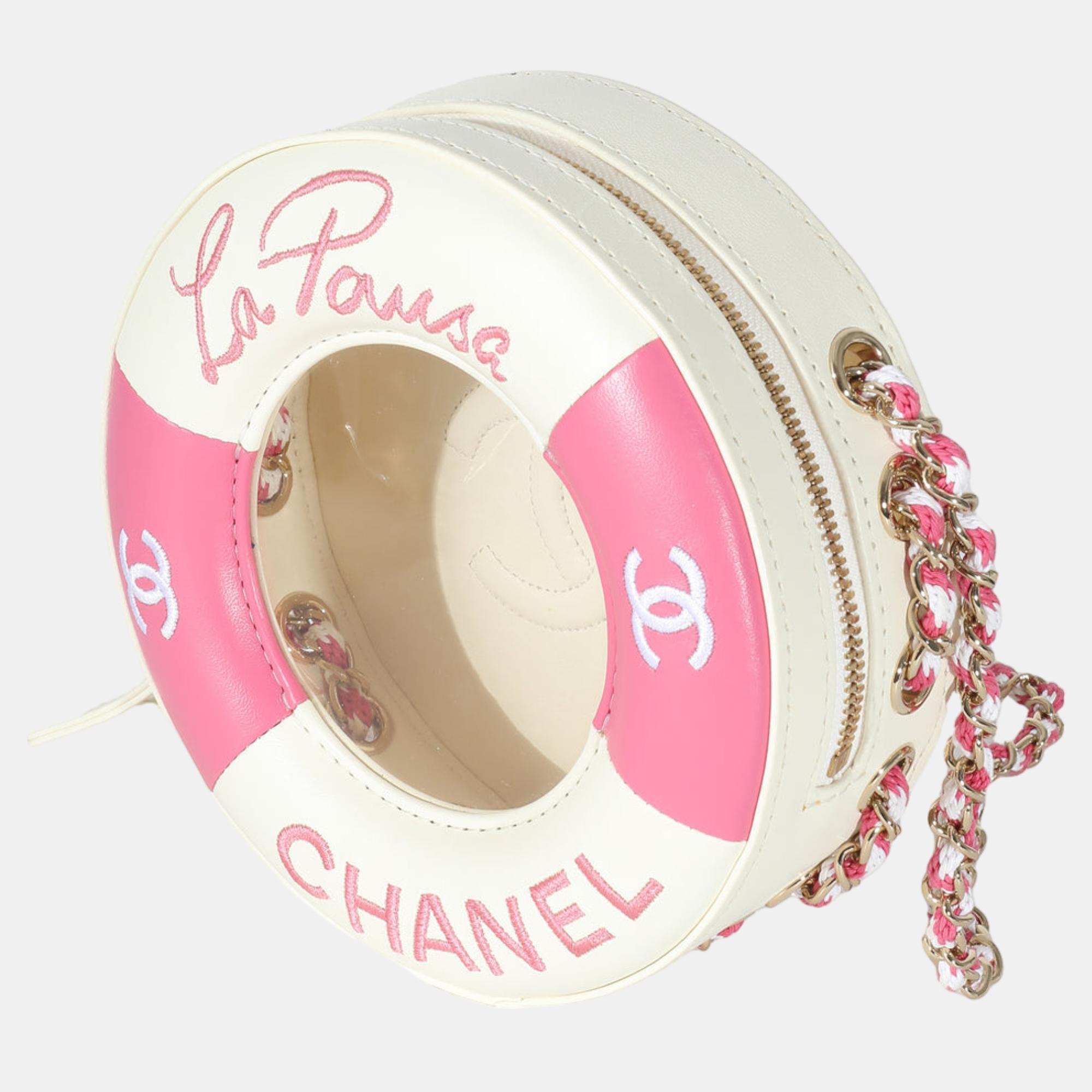 

Chanel Pink White Lambskin PVC Round Coco Lifesaver Bag
