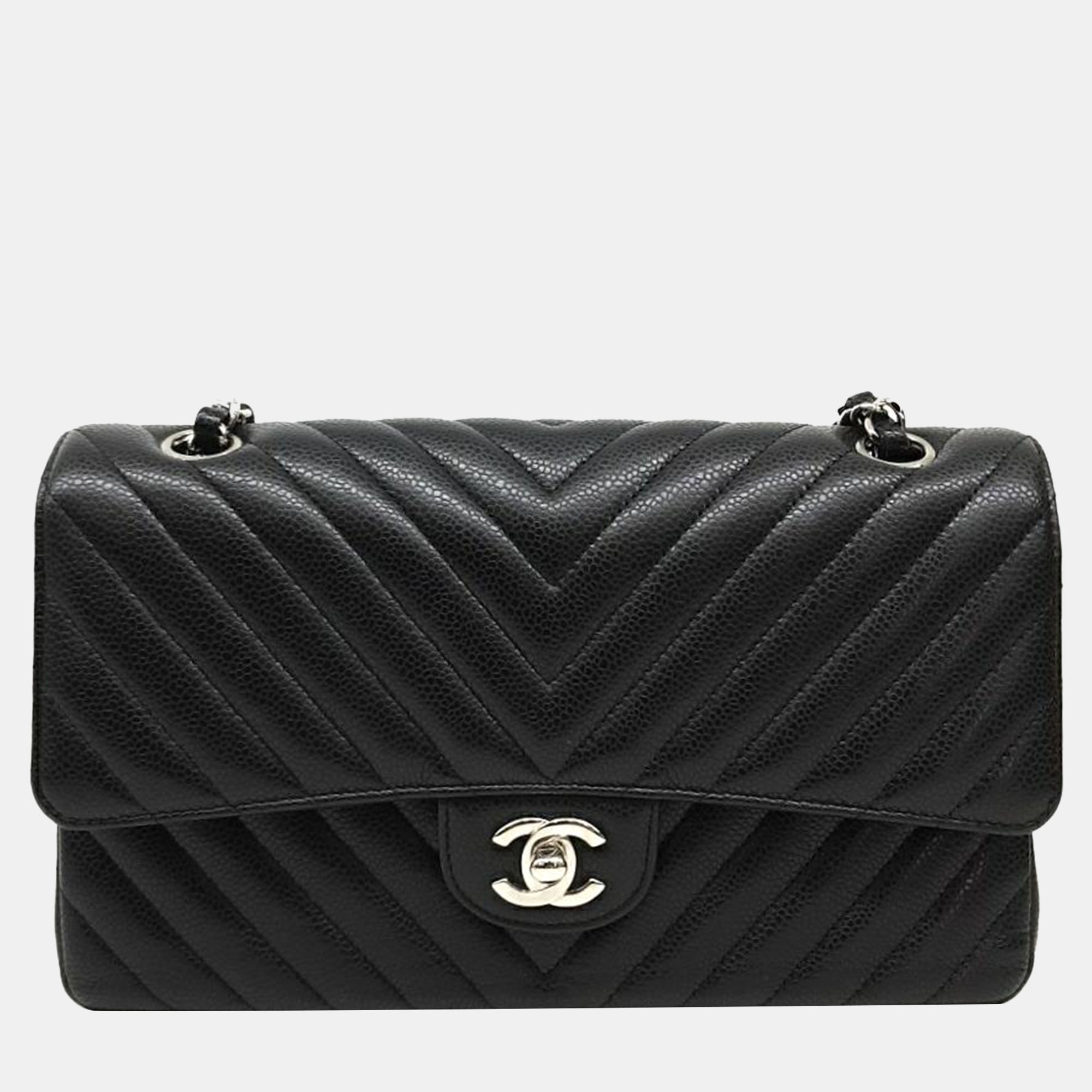 

Chanel Black Caviar Chevron Quilted Medium Double Flap Bag