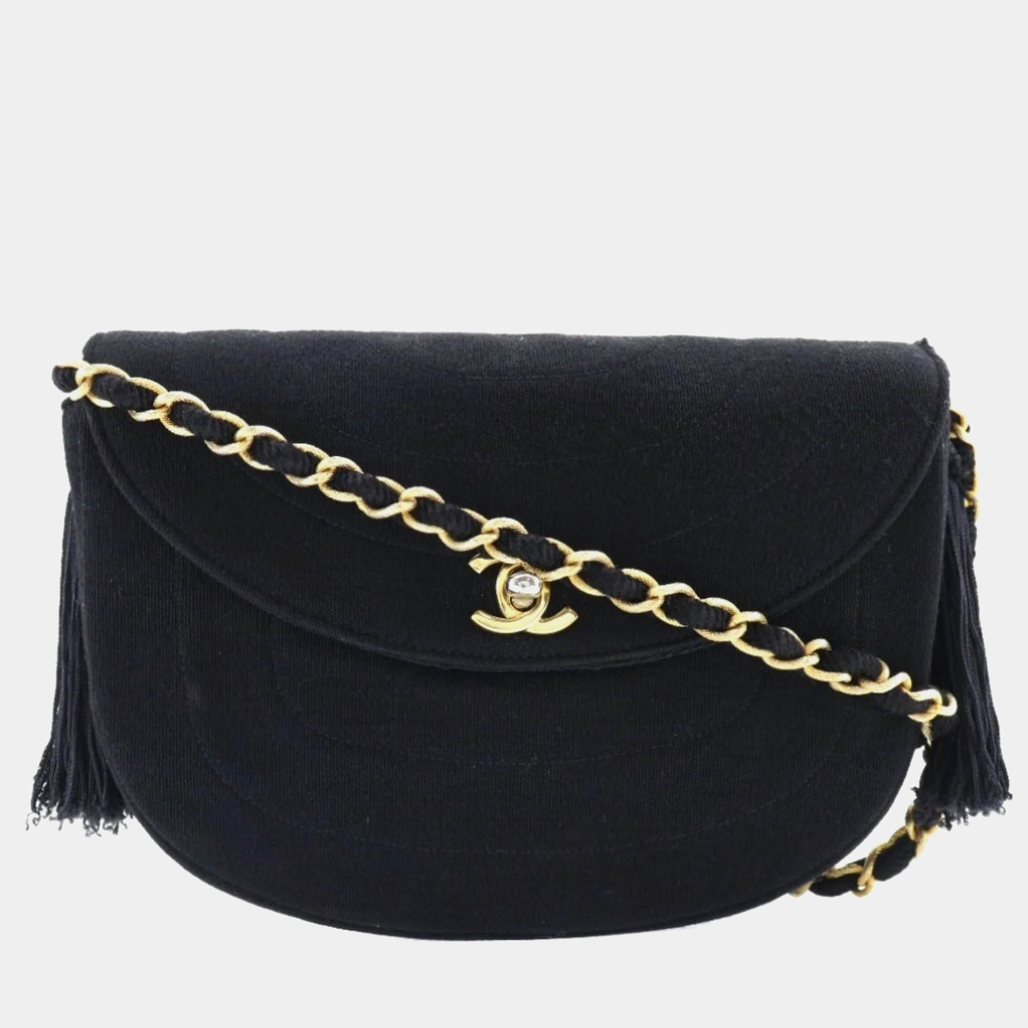 

Chanel Satin Half Moon Tassel Flap Bag, Black