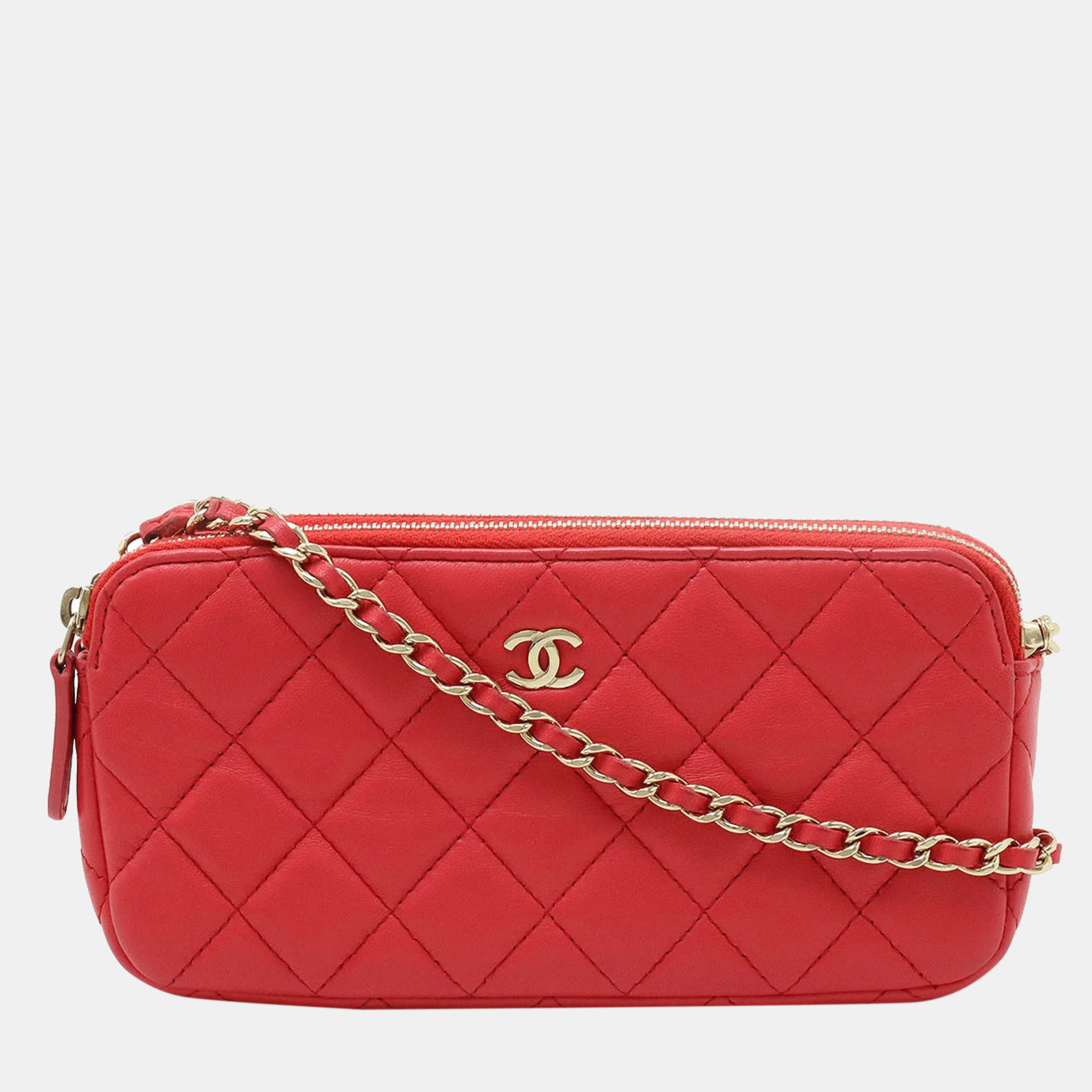 Pre-owned Chanel Red Lambskin Quilted Wallet On Chain