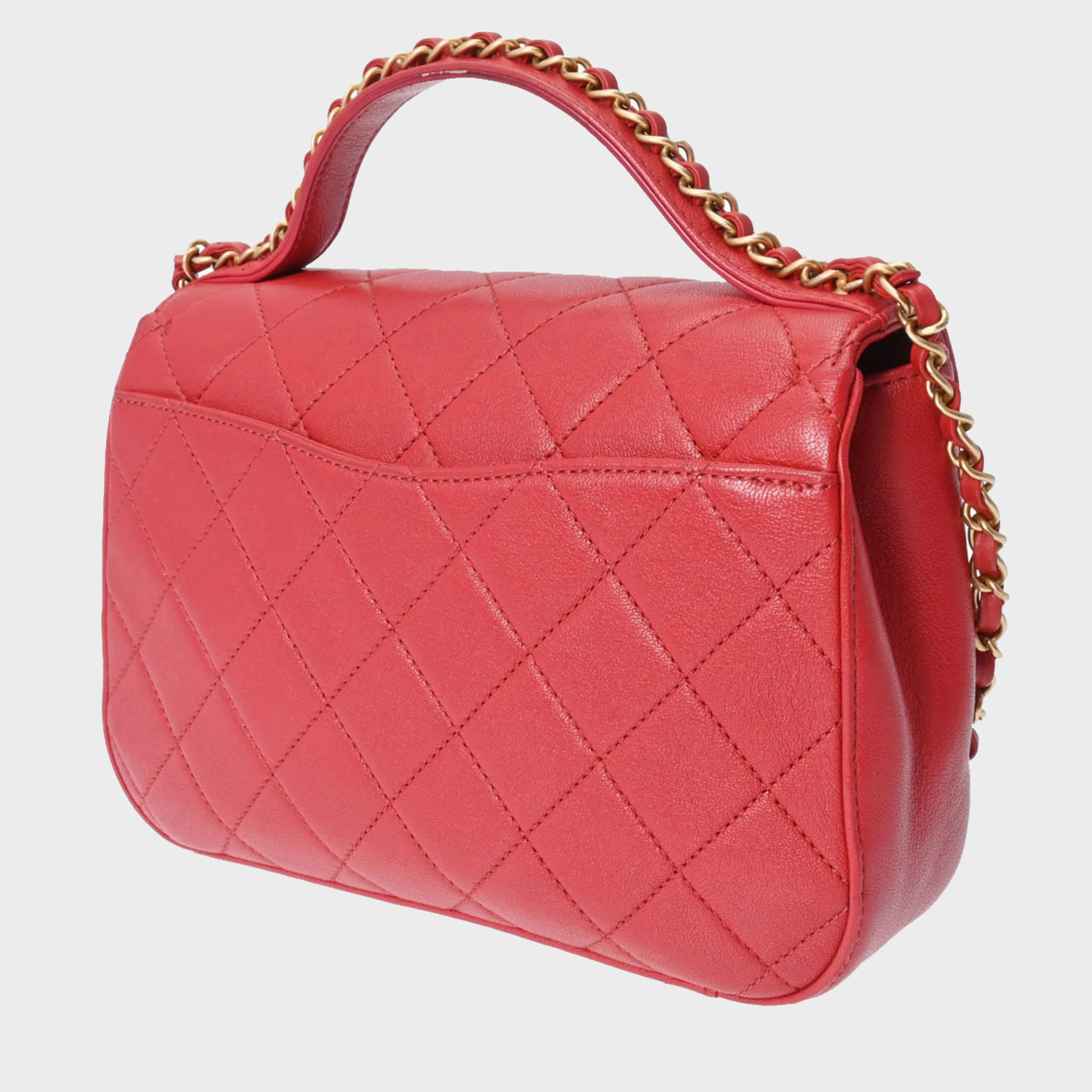 Chanel Red Quilted Lambskin Top Handle Bag 