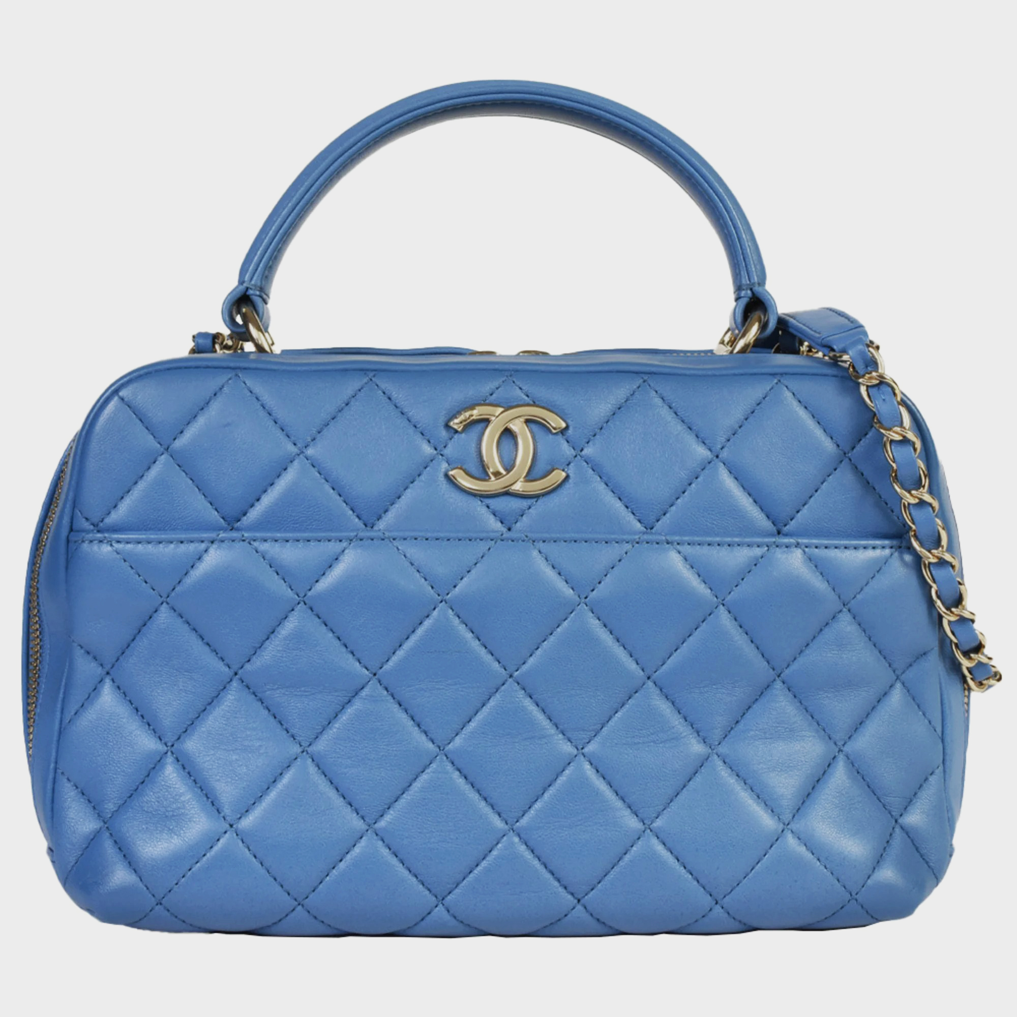 Pre-owned Chanel Blue Quilted Lambskin Medium Trendy Cc Bowling Bag