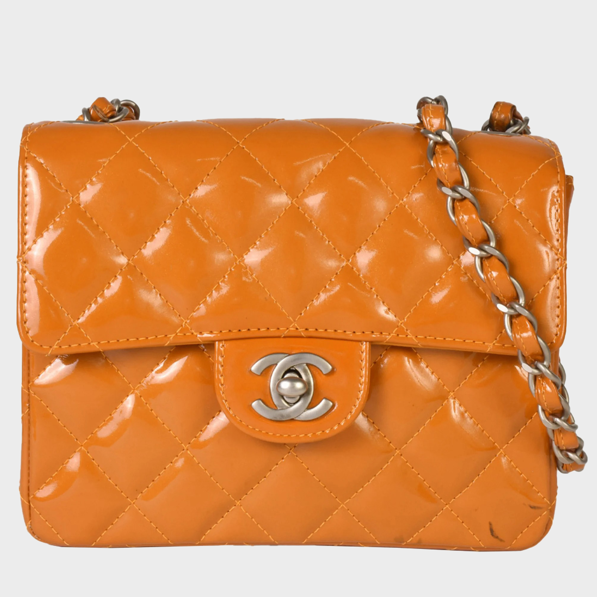 Pre-owned Chanel Orange Patent Leather Xs Classic Single Flap Shoulder Bags