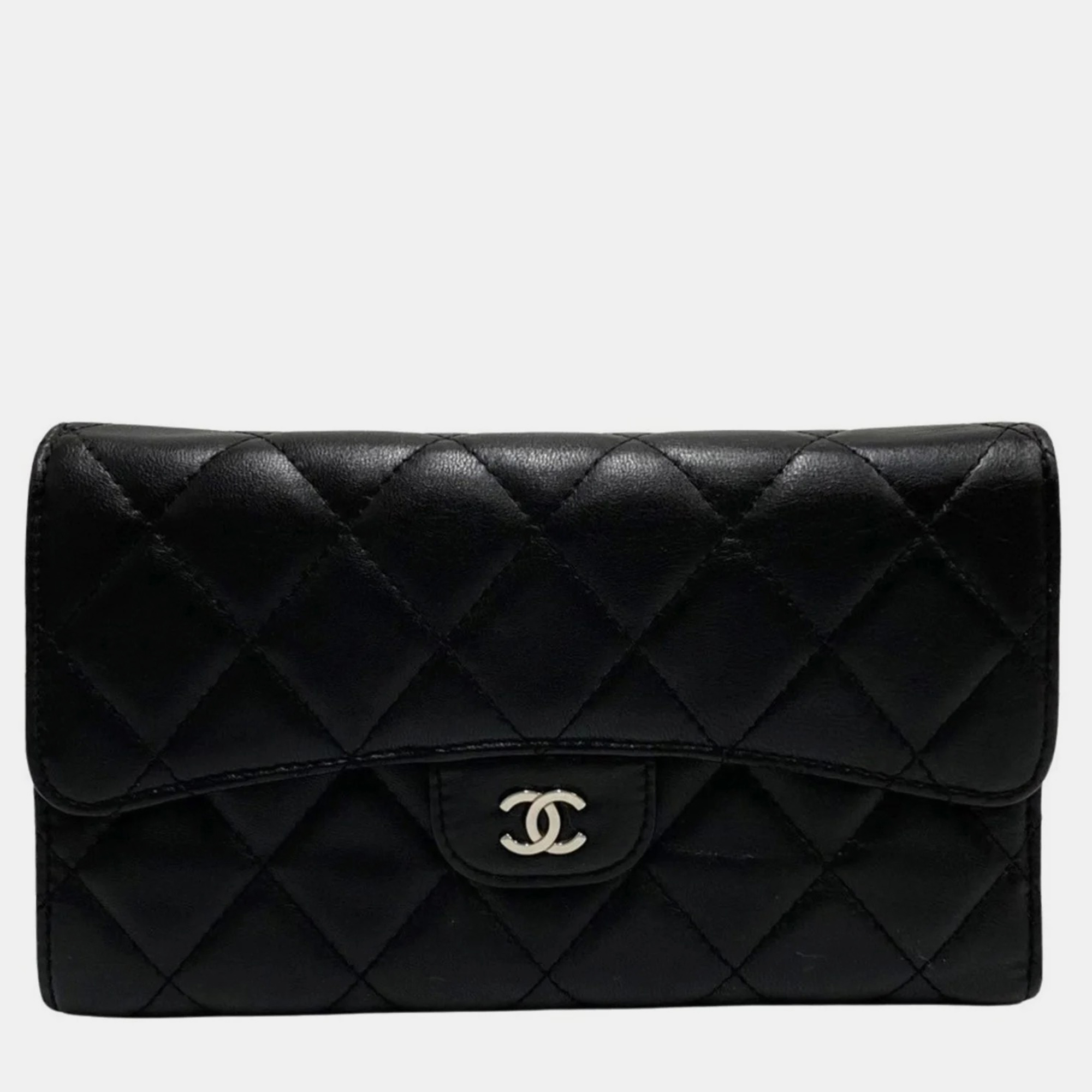 

Chanle Black Leather Quilted Lambskin Long  FLap Wallet