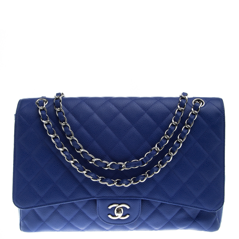 Pre Owned Chanel Blue Quilted Caviar Leather Maxi Classic Single Flap Bag