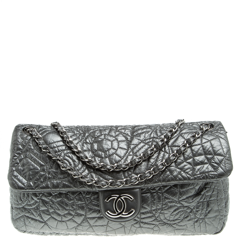 Pre Owned Chanel Grey Embossed Patent Leather Flap Bag