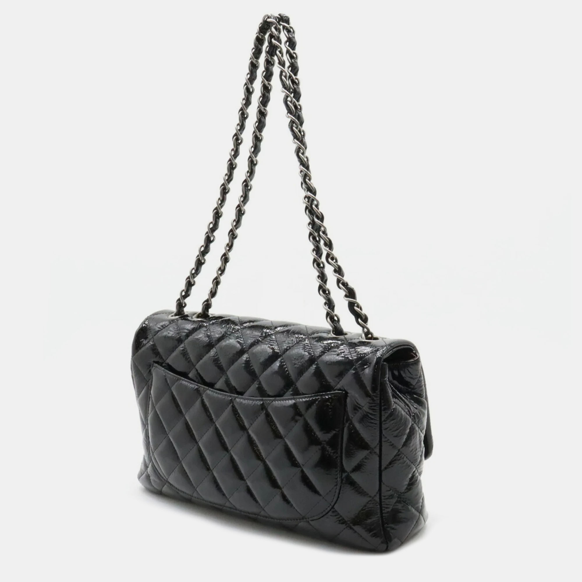 

Chanel Patent Leather Jumbo Classic Double Flap Shoulder Bags, Black