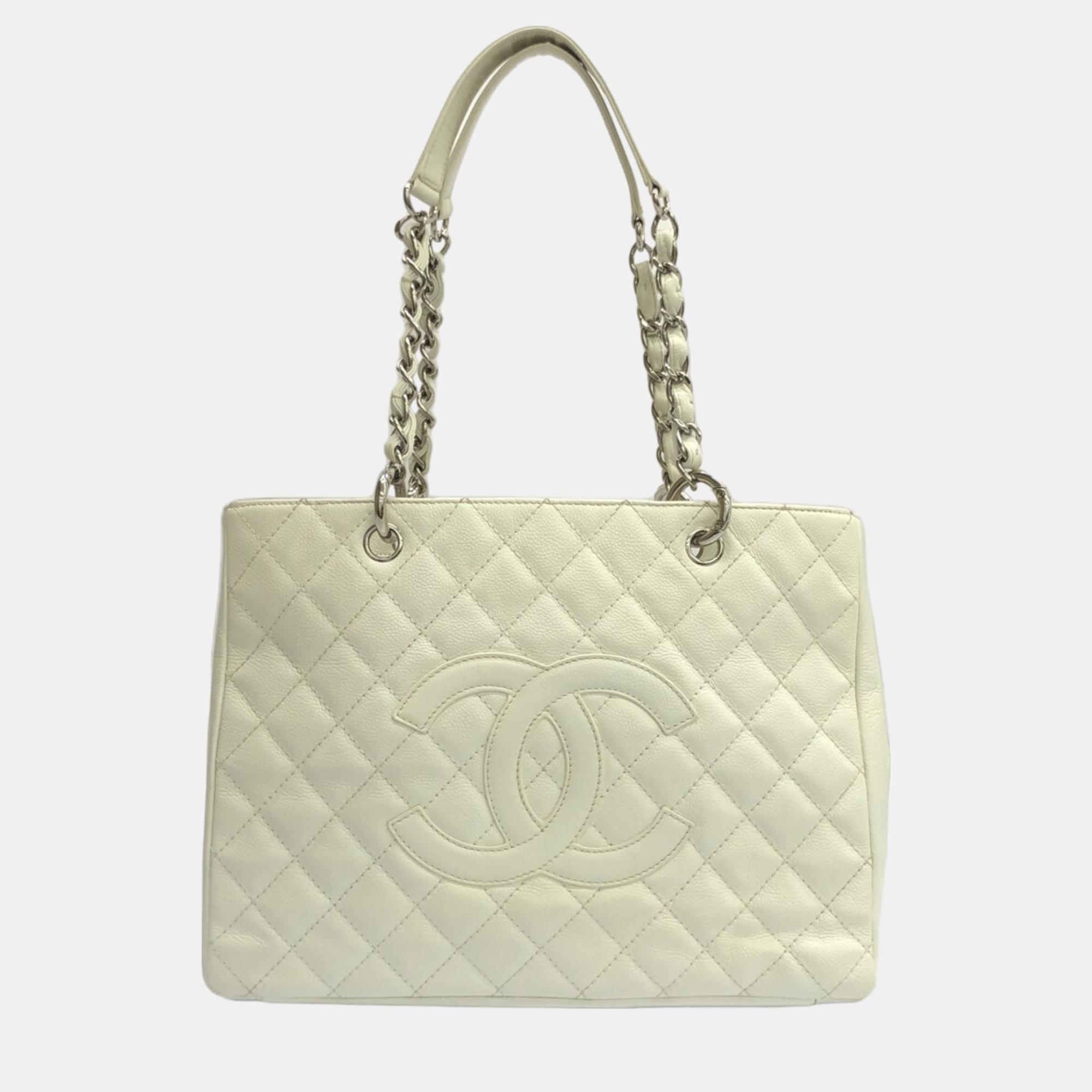 Pre-owned Chanel White Caviar Grand Shopping Tote