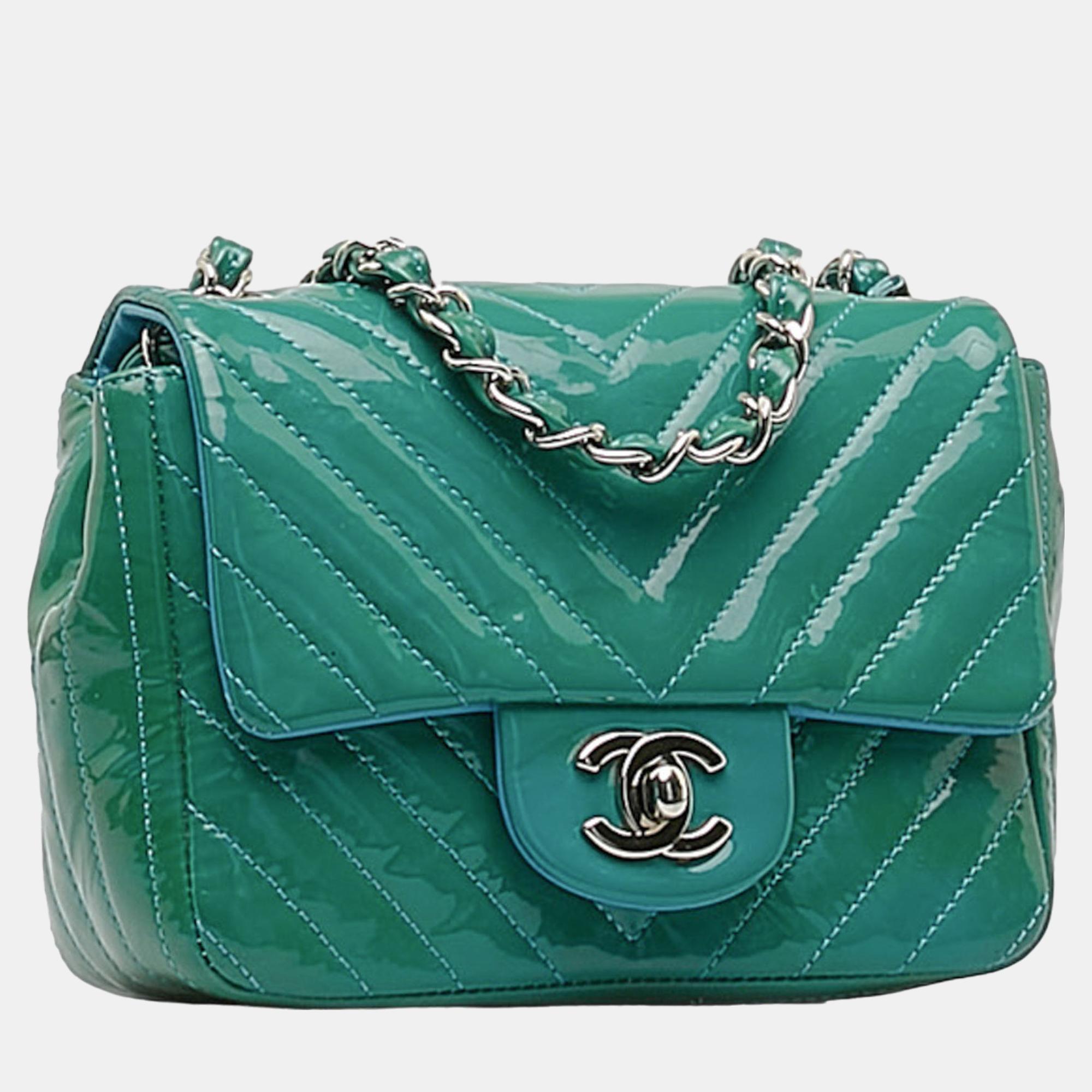 

Chanel Green Mini Patent Chevron Classic Flap Bag