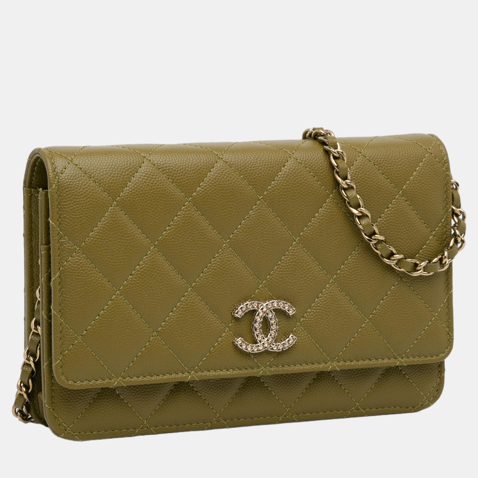 

Chanel Green Classic Caviar Crystal Wallet on Chain