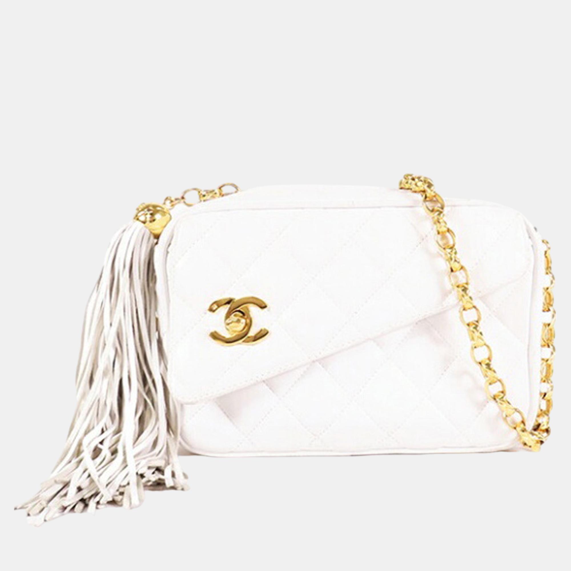 

Chanel White CC Lambskin Tassel Crossbody Bag