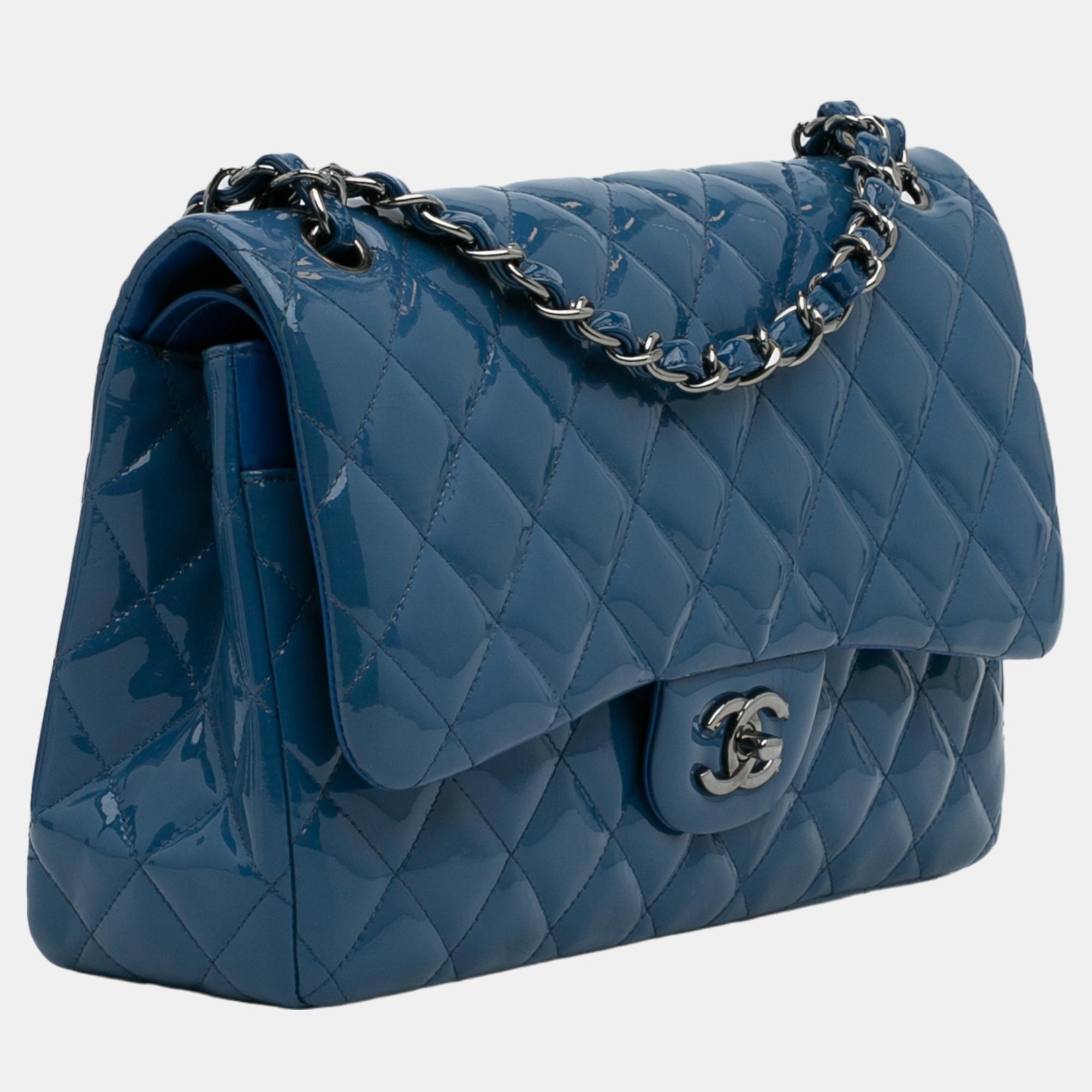 

Chanel Blue Jumbo Classic Patent Double Flap