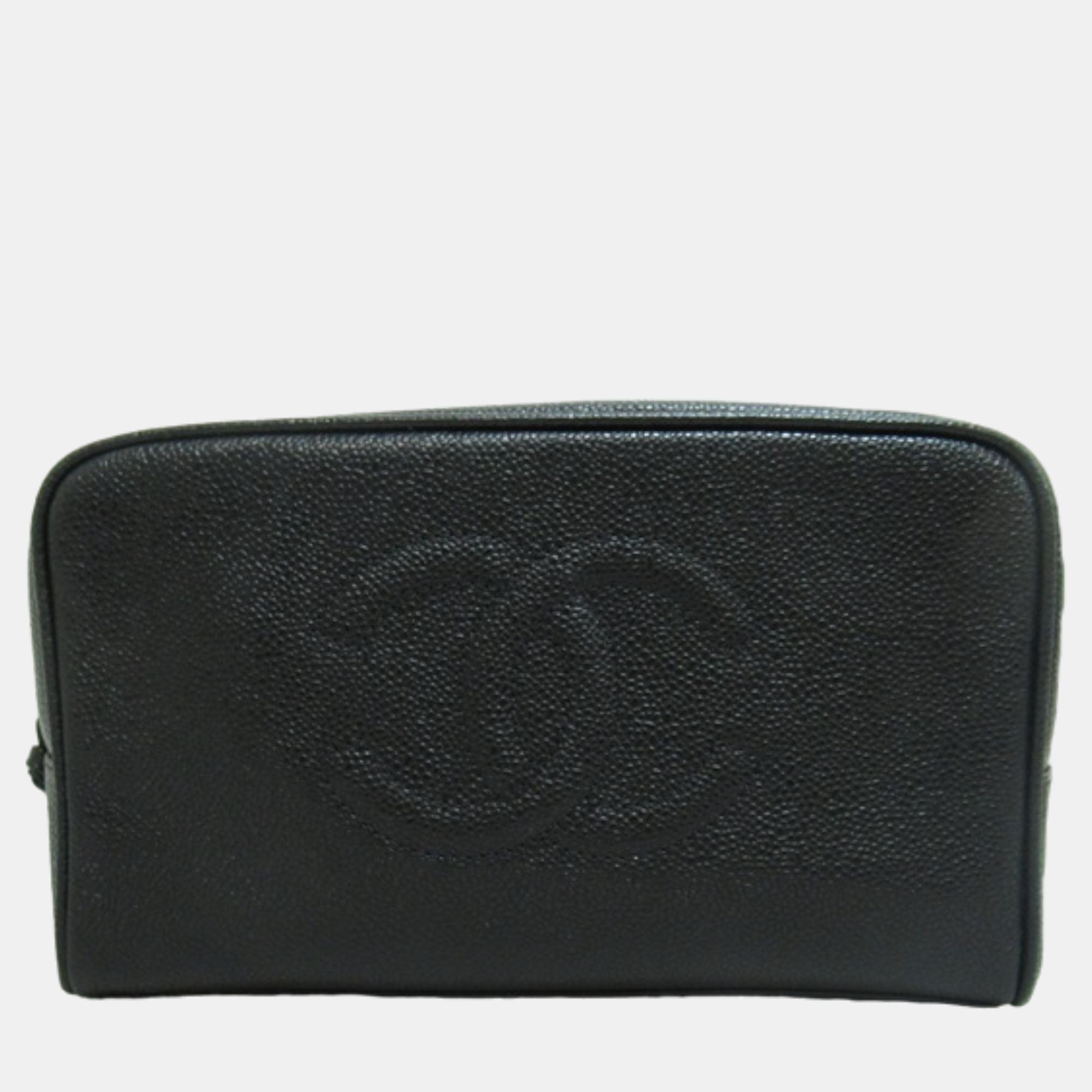 Pre-owned Chanel Black Leather Cc Caviar Clutch Vanity Bag