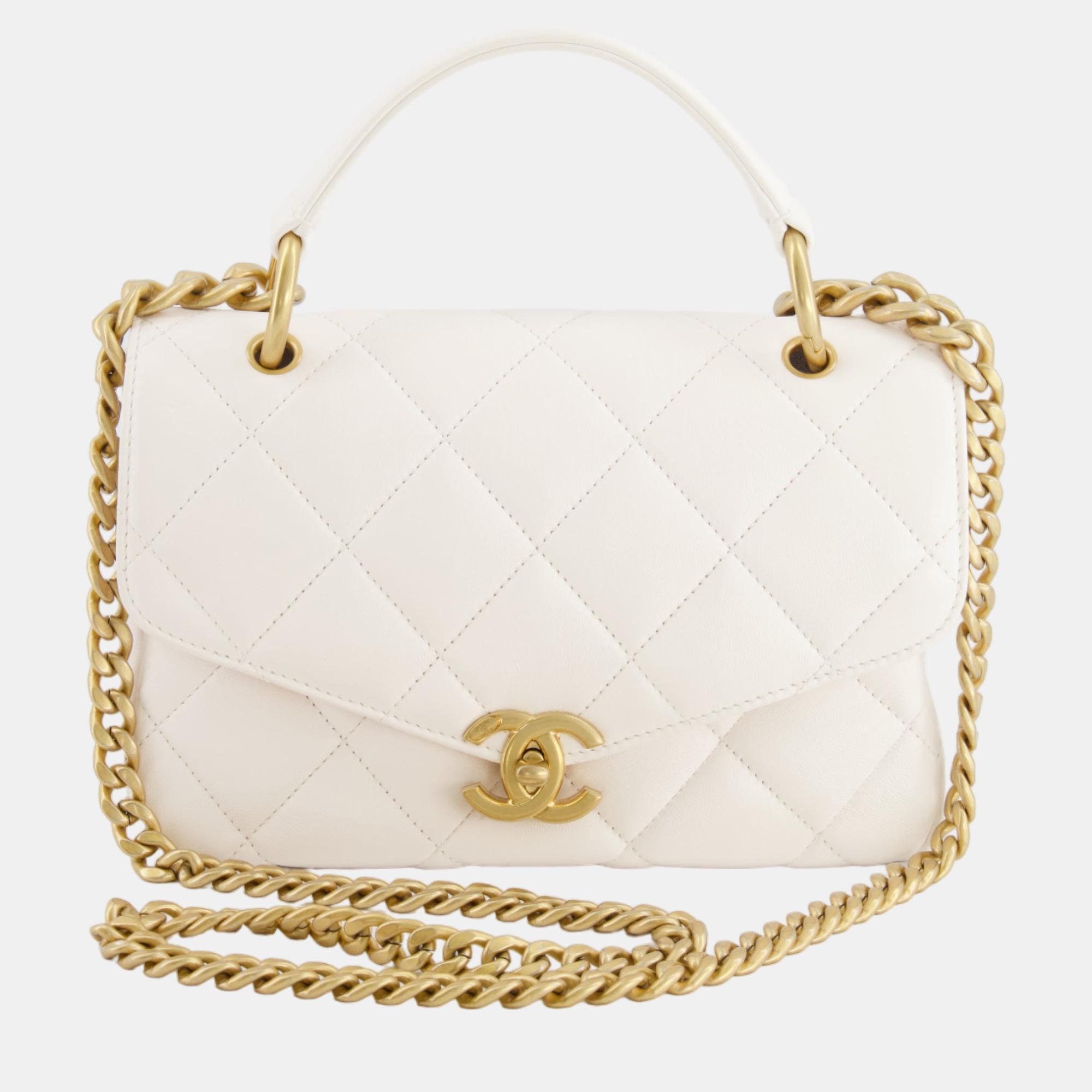 

Chanel White Top Handle Single Flap Bag in Lambskin Leather with Brushed Gold Hardware