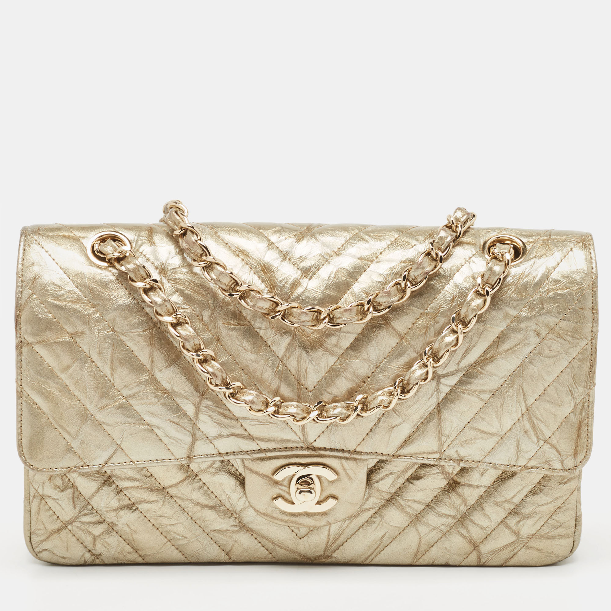 

Chanel Gold Chevron Patent Leather Medium Classic Double Flap Bag