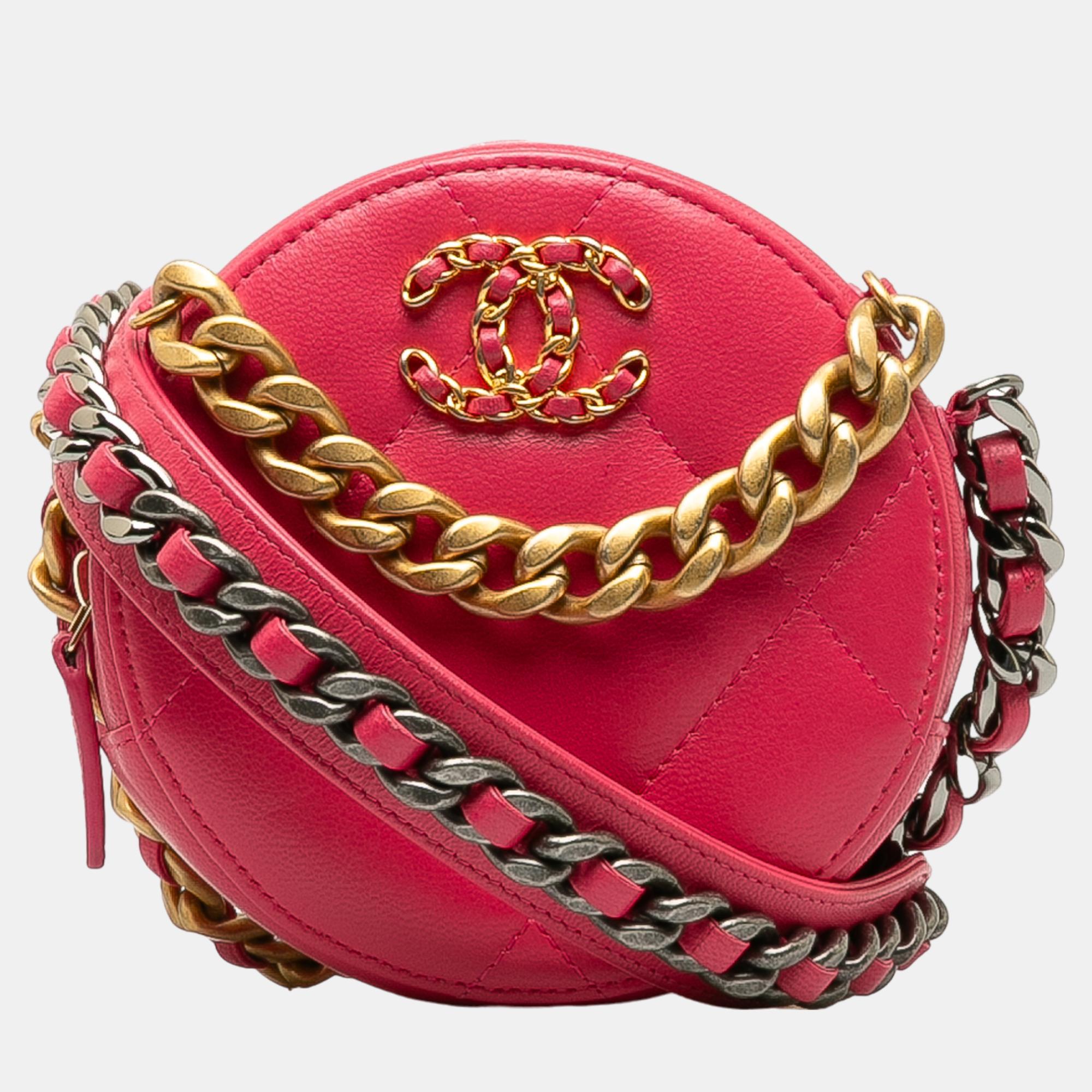 Pre-owned Chanel Pink 19 Round Lambskin Clutch With Chain