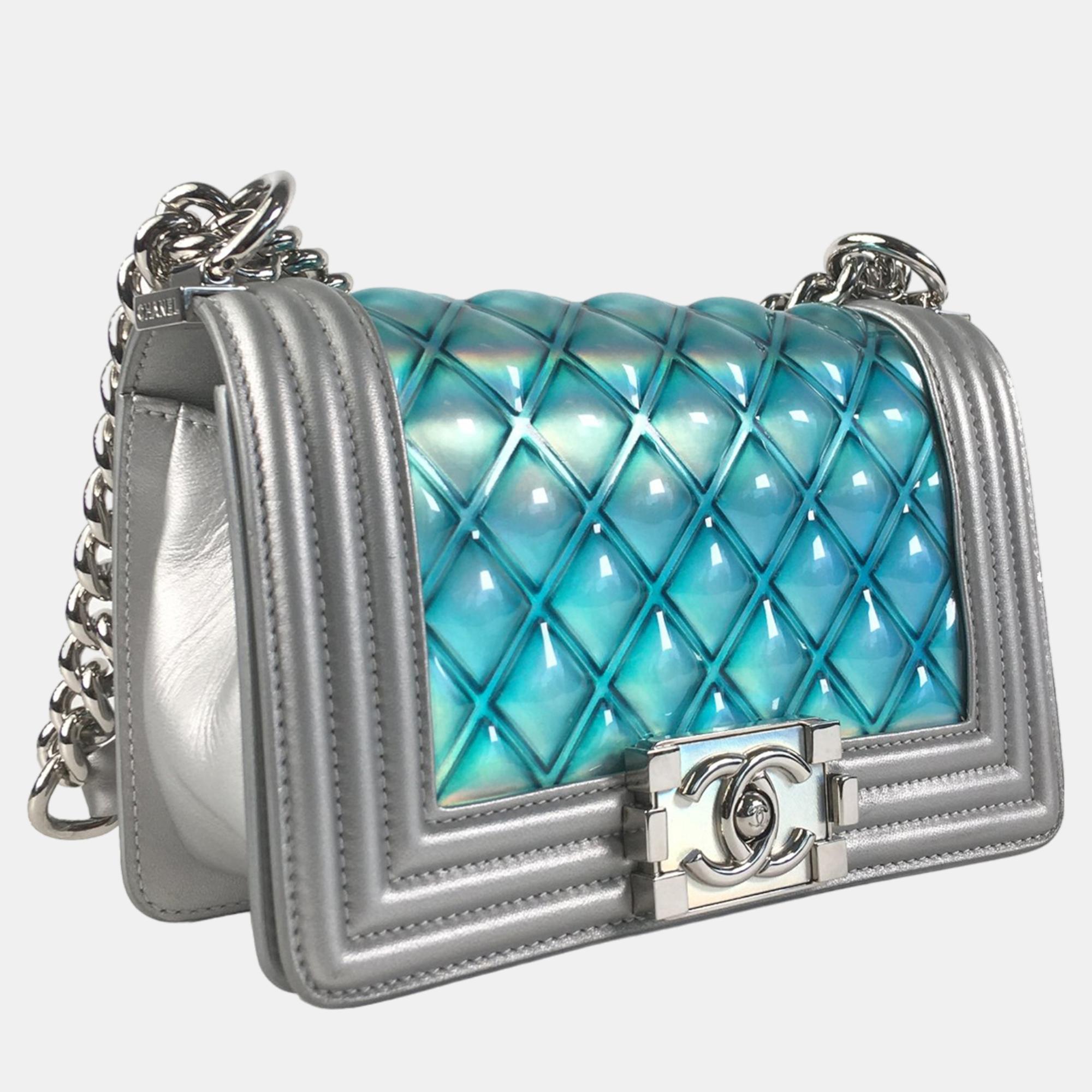 

Chanel Blue/Silver Small Boy Quilted PVC Metallic Flap Bag
