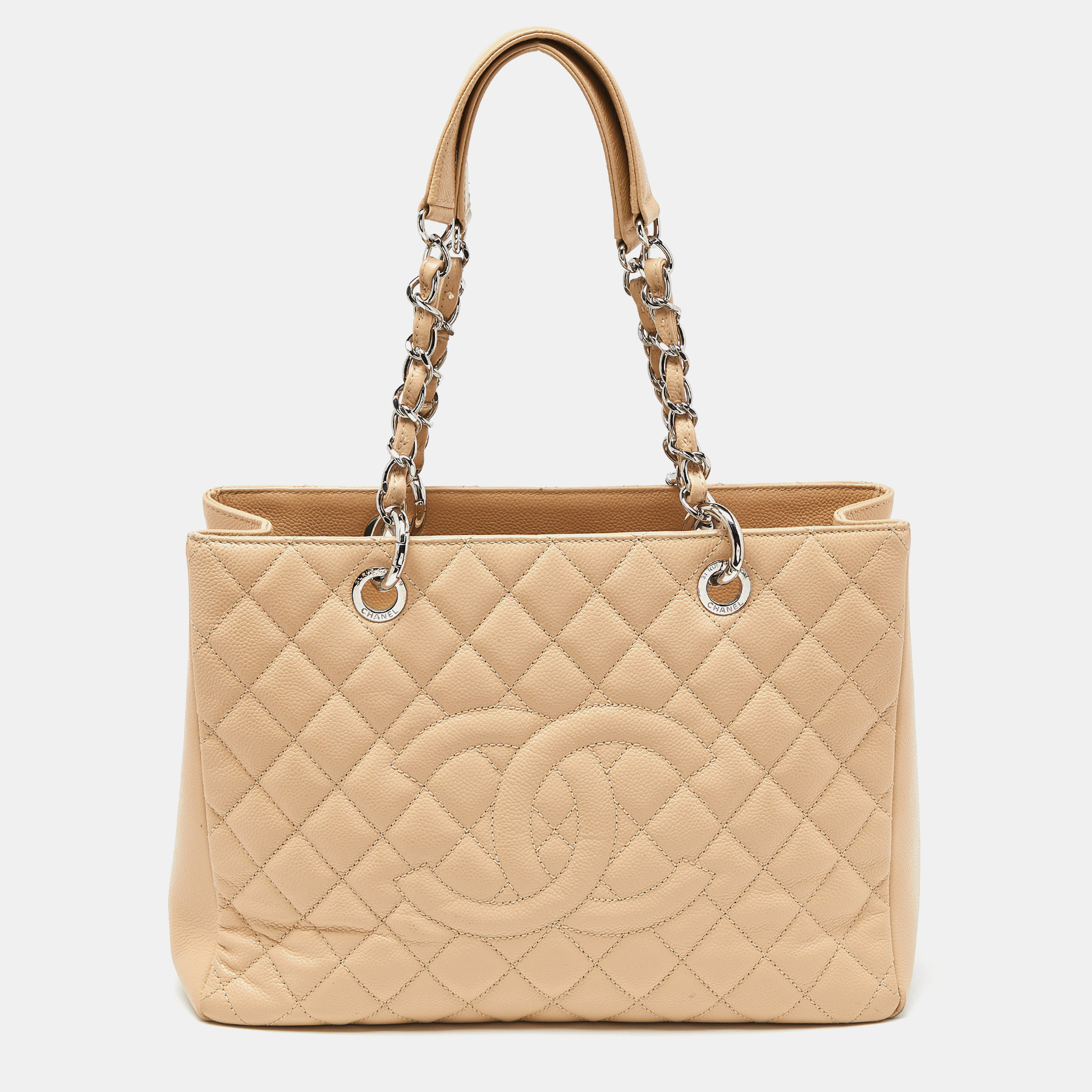 Pre Owned Chanel Beige Quilted Caviar Leather GST Shopper Tote