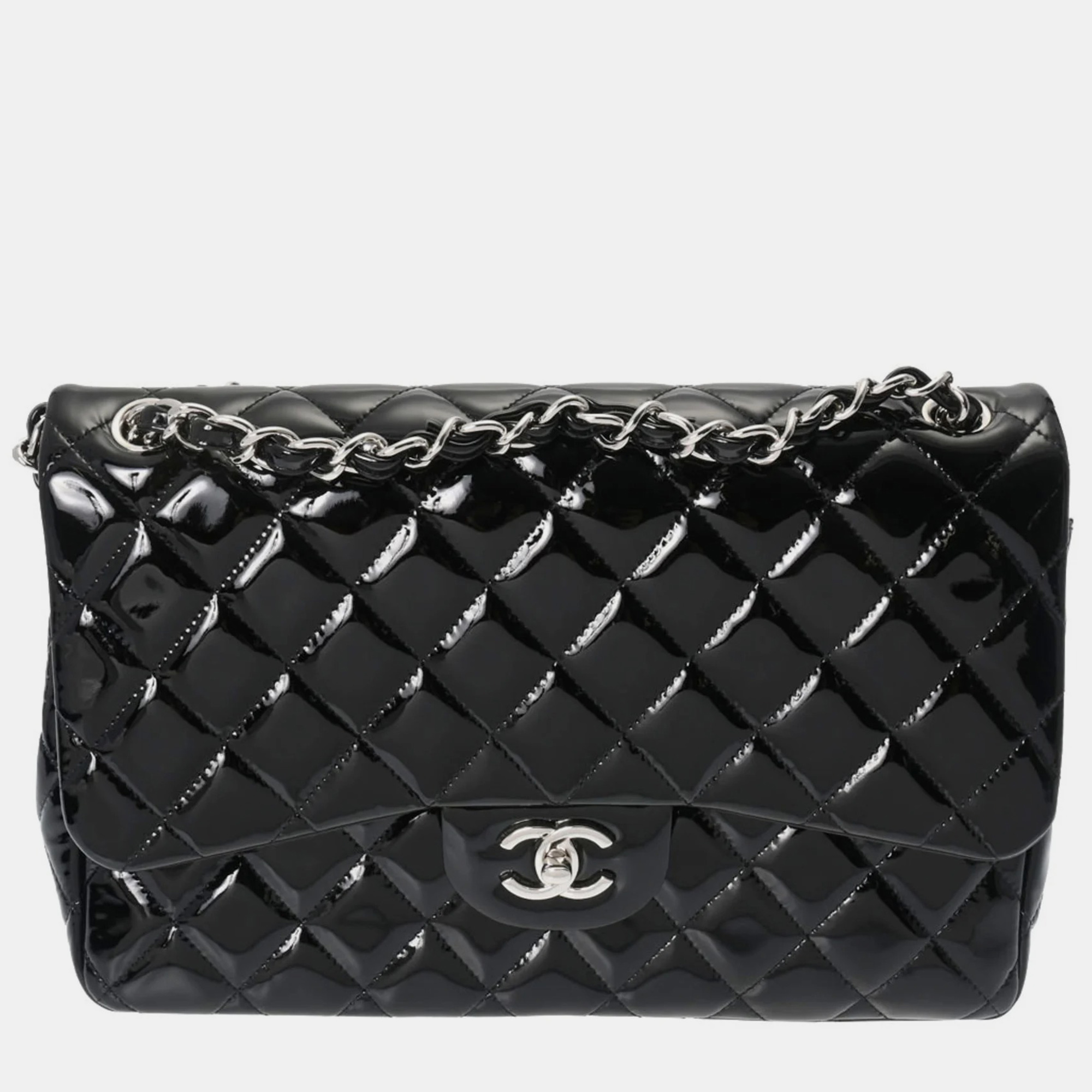 

Chanel Patent Leather Jumbo Classic Double Flap Shoulder Bags, Black