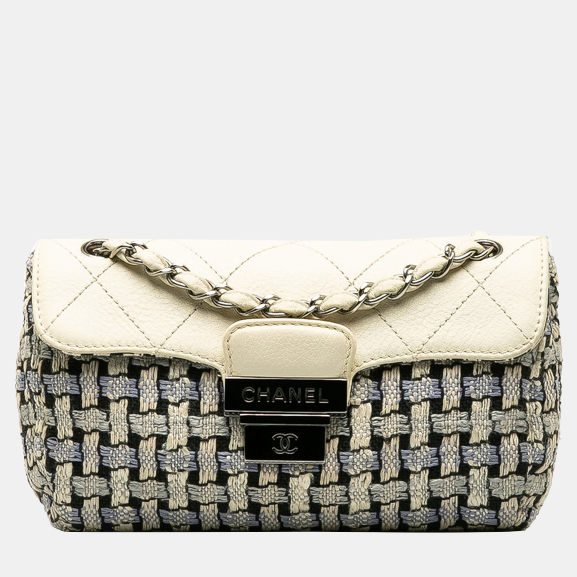 

Chanel Blue Leather Tweed and Calfskin Single Flap Bag, Cream