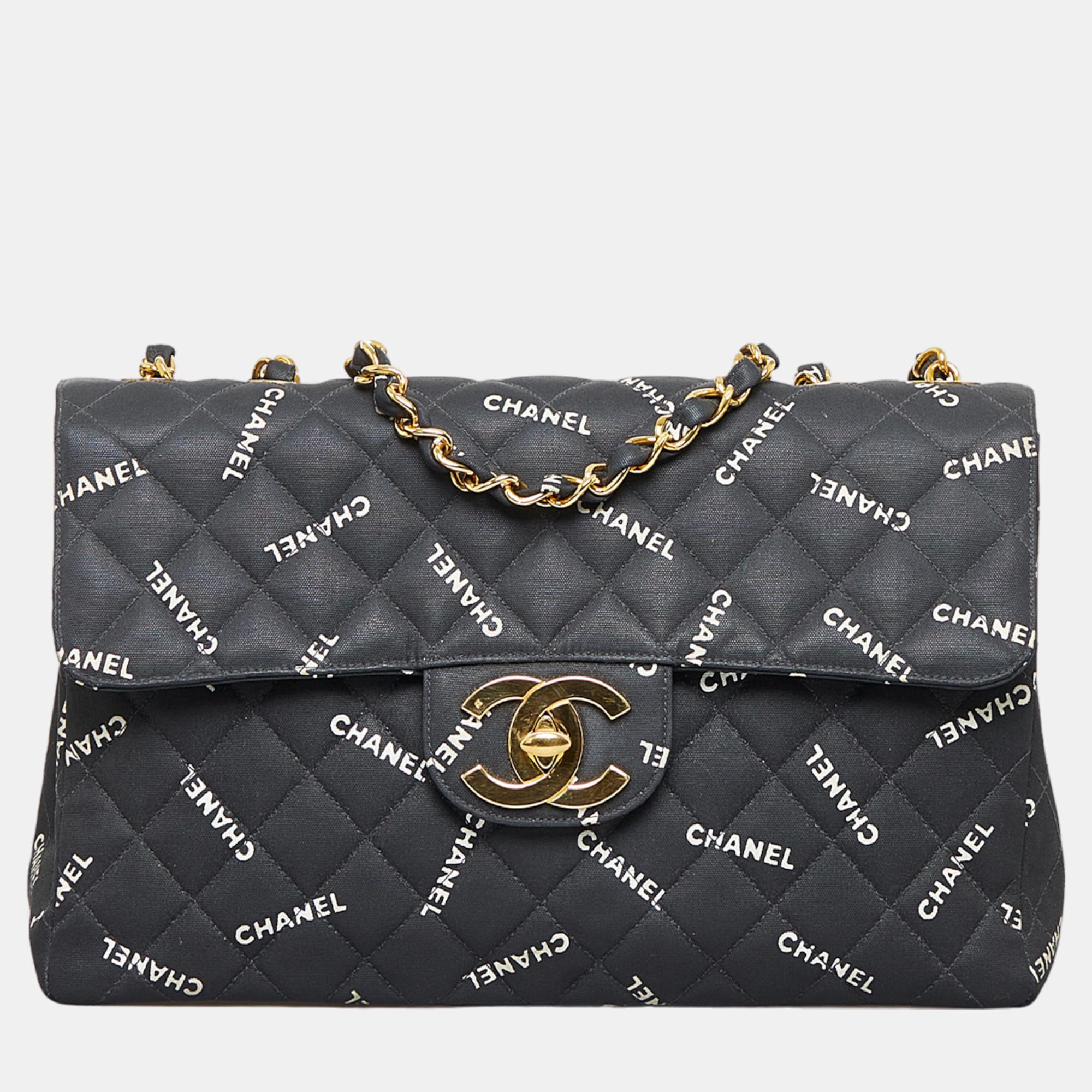 

Chanel Black Maxi Logo Printed CC Matelasse Flap Bag