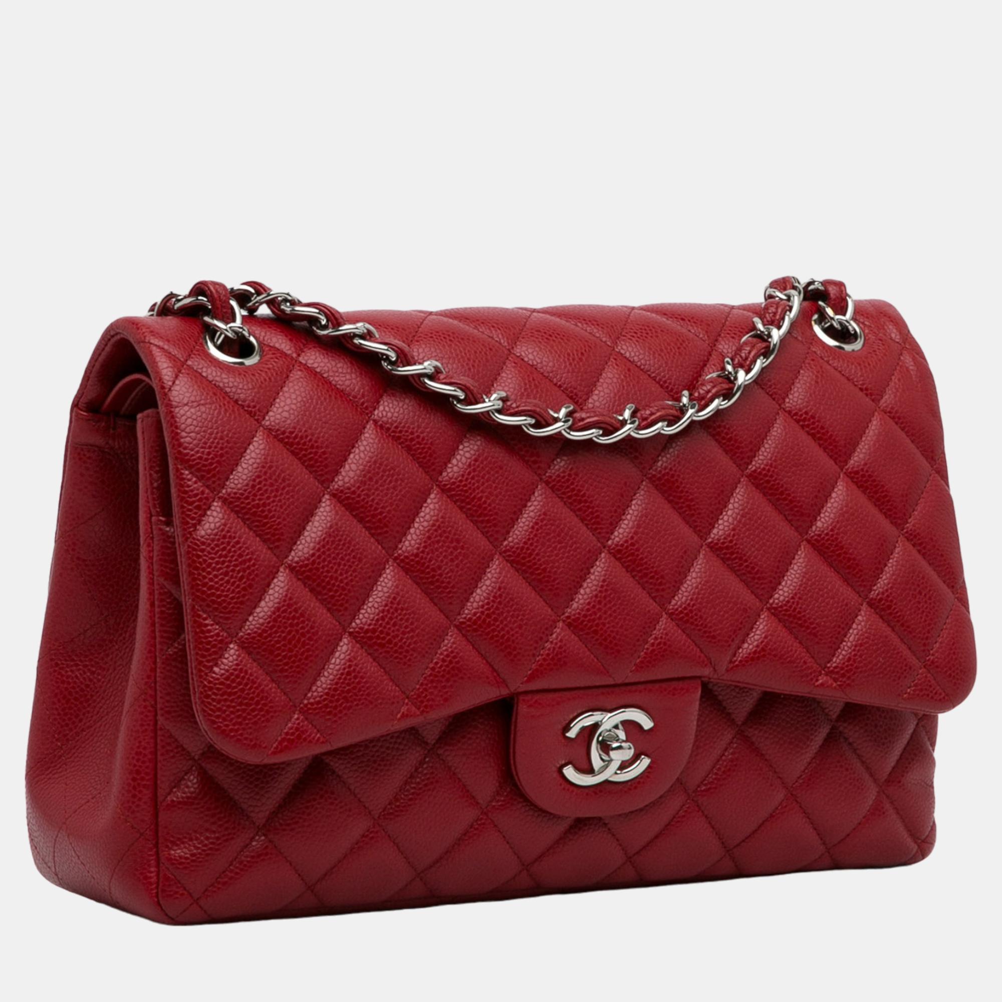 

Chanel Red Jumbo Classic Caviar Double Flap