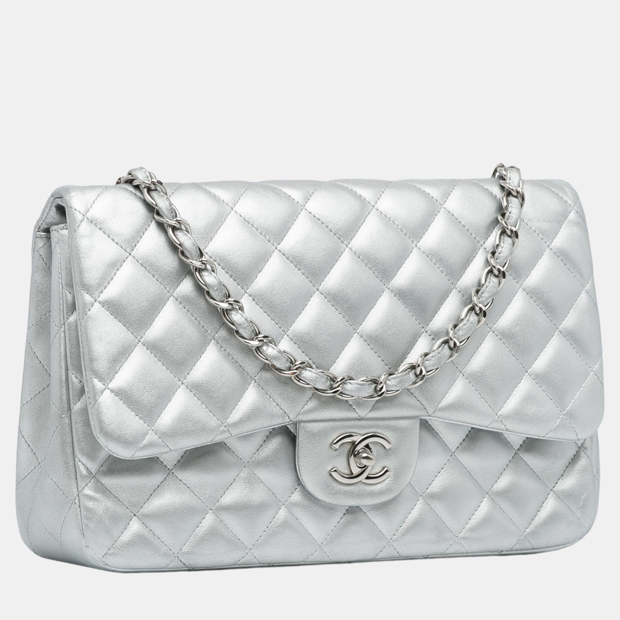 

Chanel Silver Jumbo Classic Lambskin Single Flap
