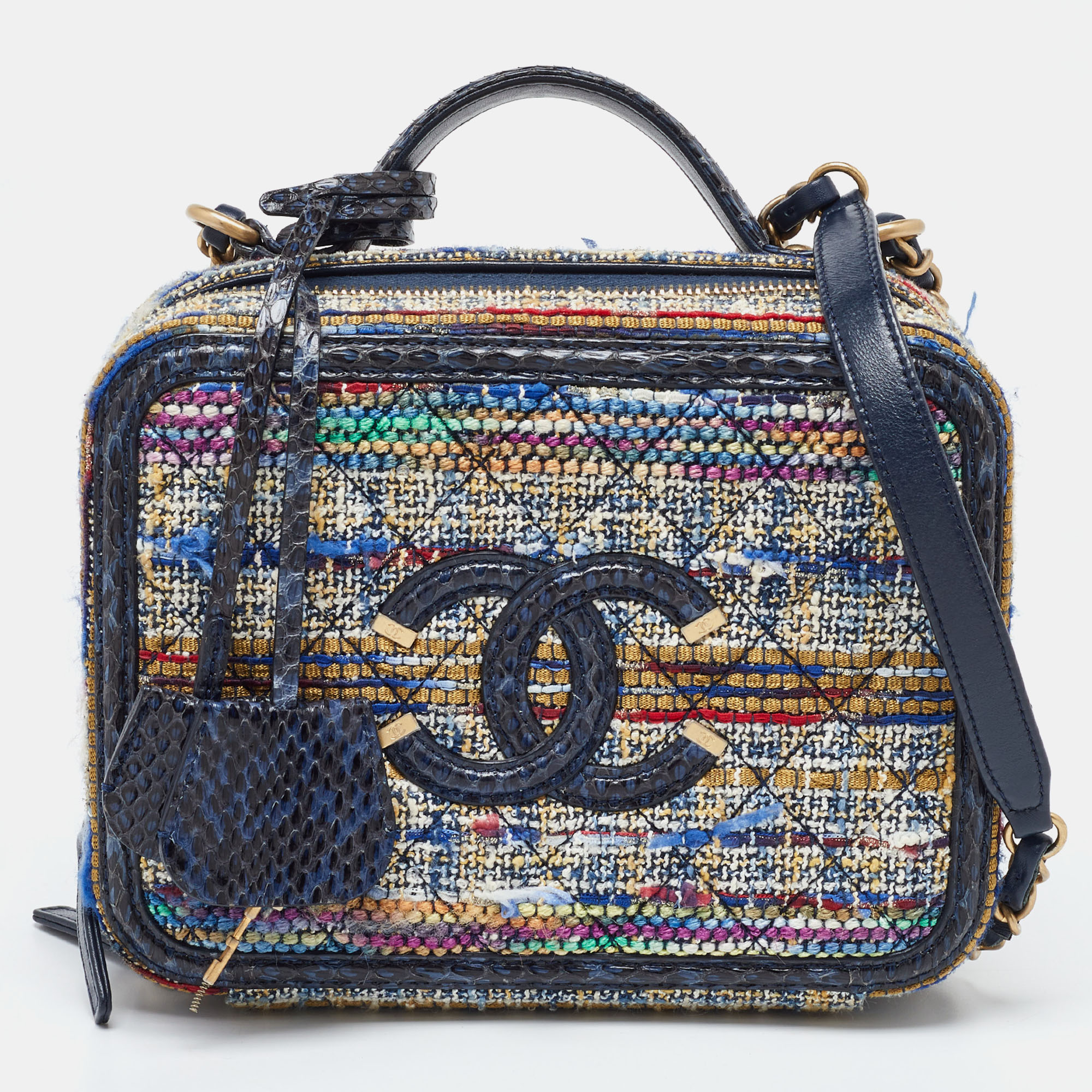 Pre-owned Chanel Multicolor Quilted Tweed And Python Medium Cc Filigree Vanity Case Bag