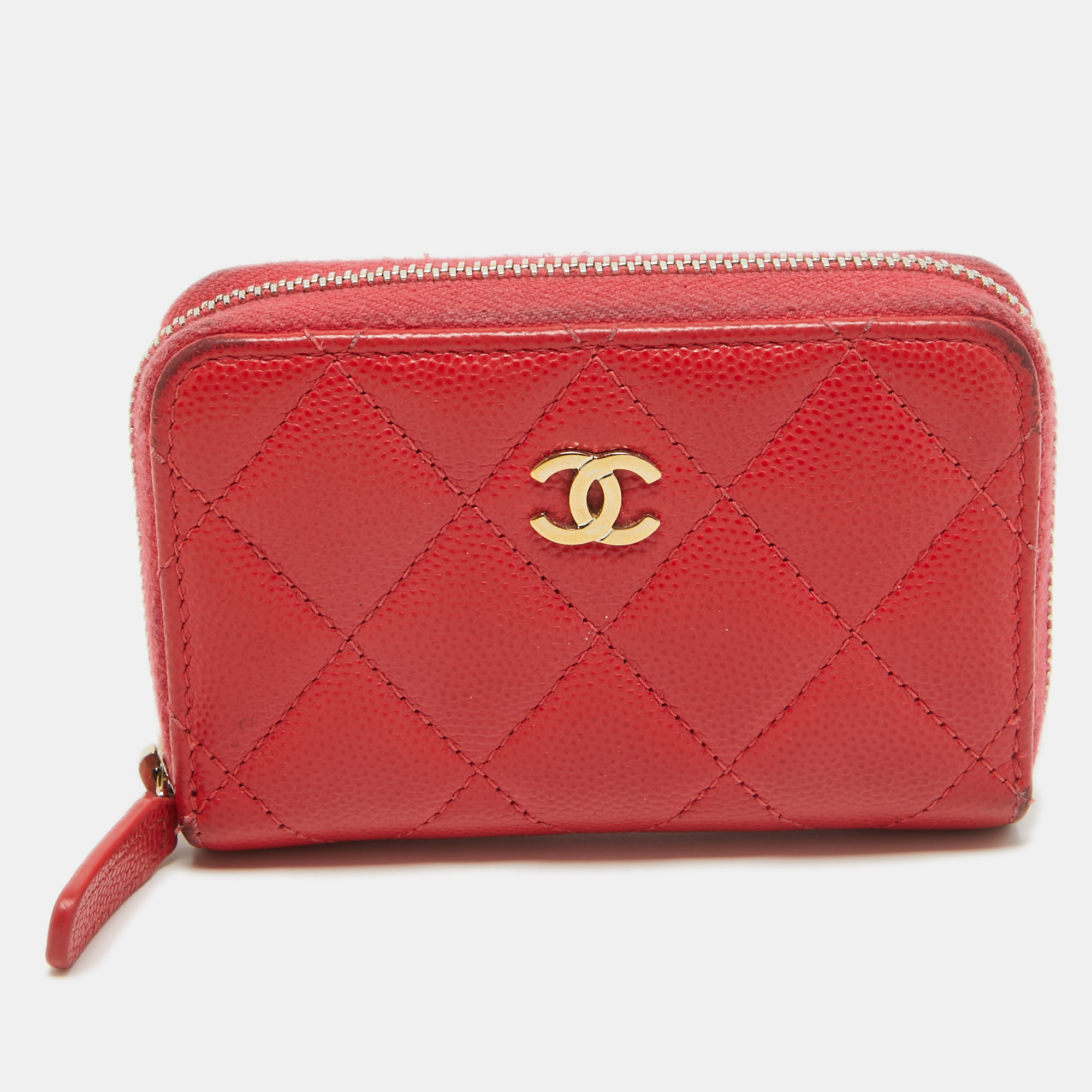 Pre-owned Chanel Red Quilted Caviar Leather Zip Around Coin Purse