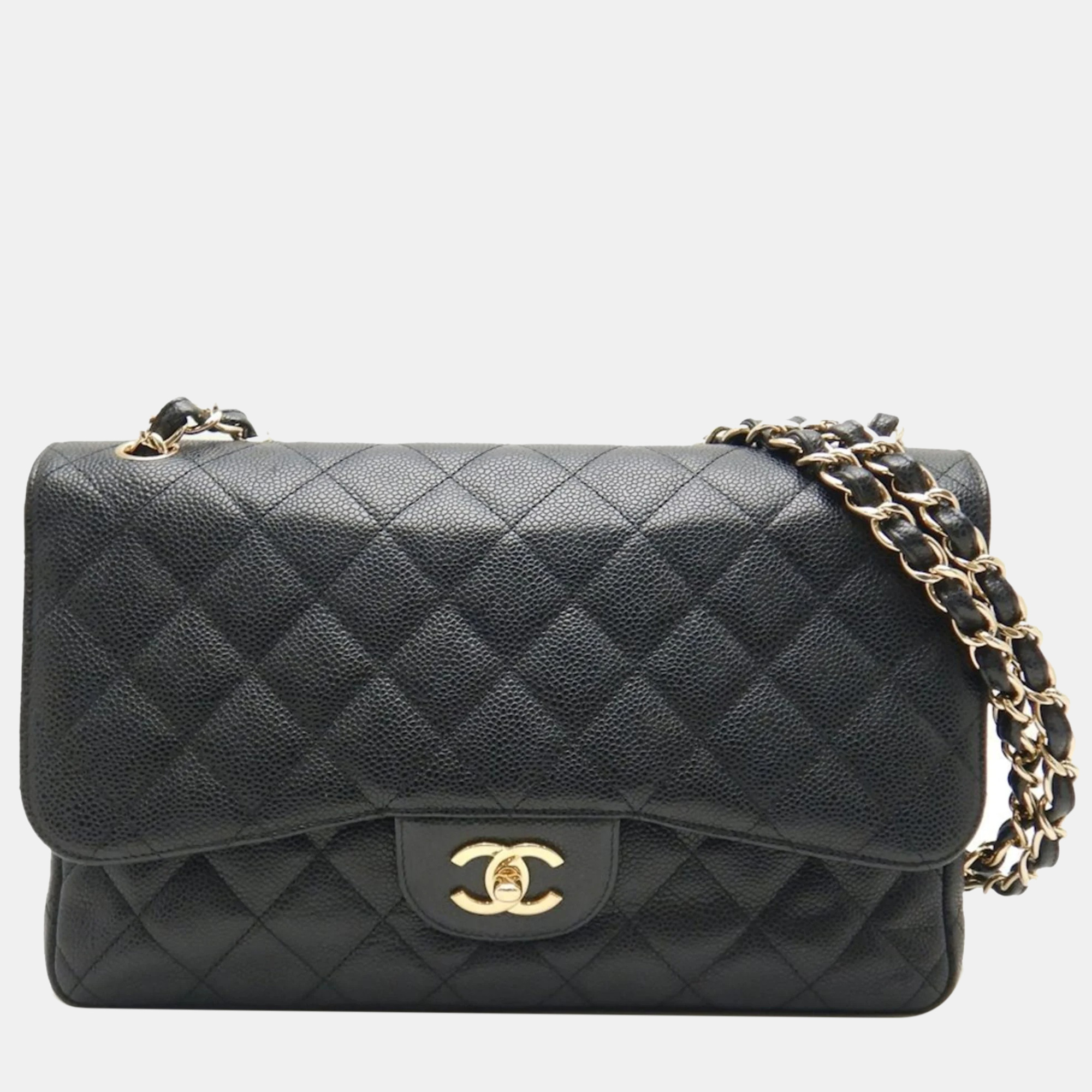 

Chanel Caviar Leather Jumbo Classic Double Flap Shoulder Bags, Black