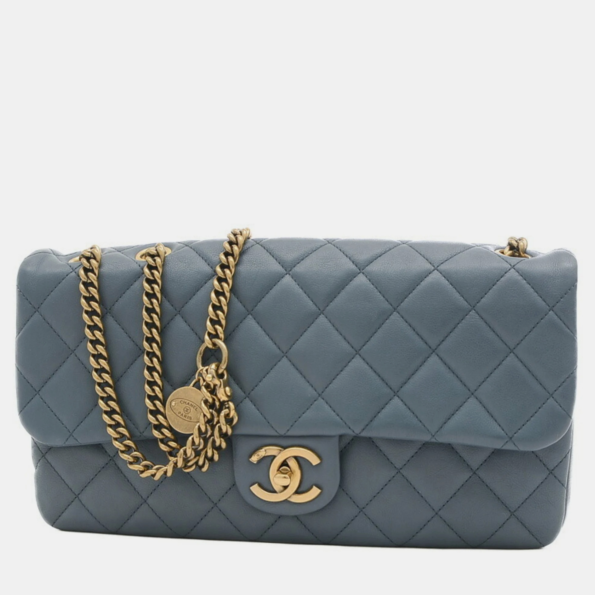 Pre-owned Chanel Leather Blue Matelasse Coin Charm Chain Shoulder Bag