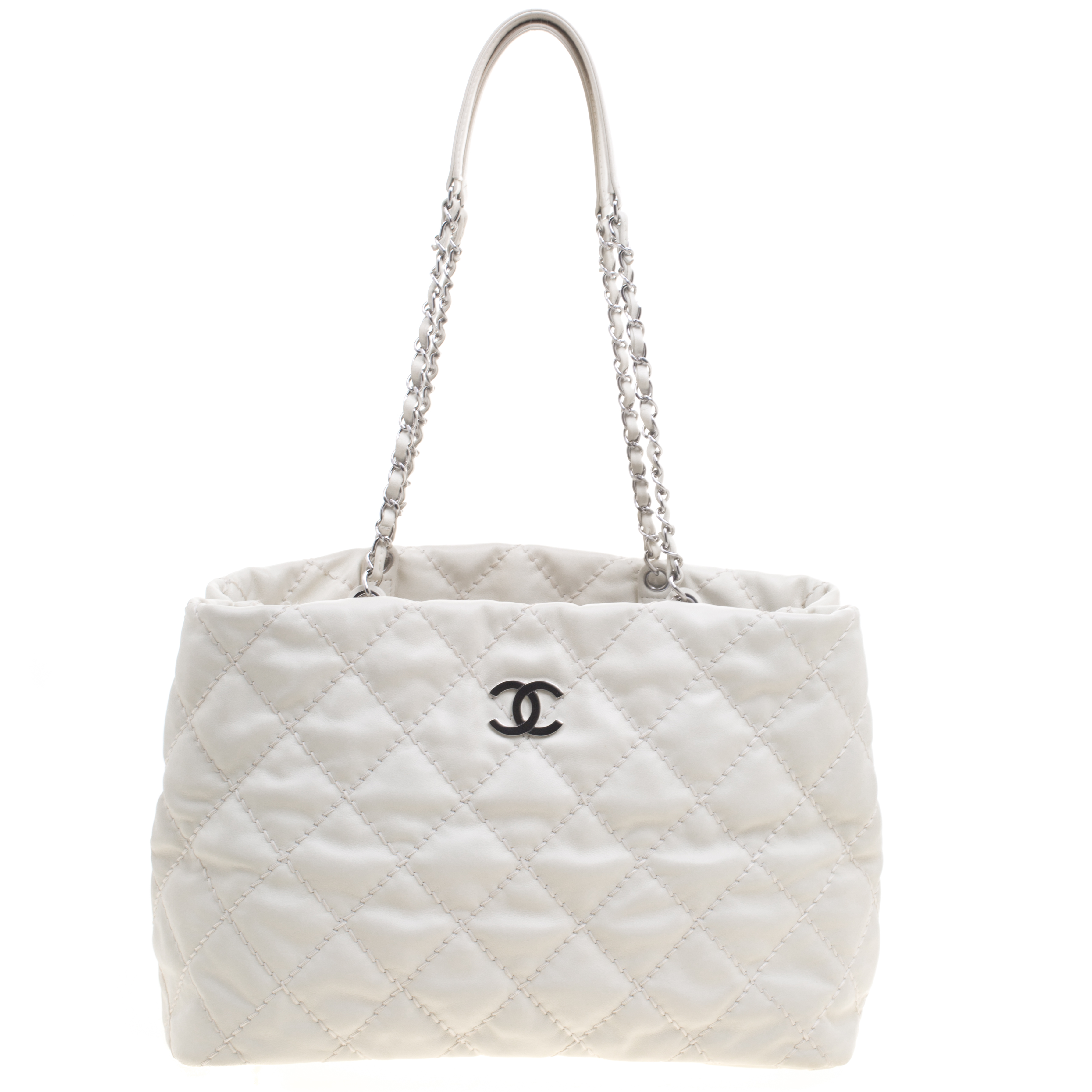 Chanel Off White Quilted Leather Wild Stitched Chain Handle Tote 