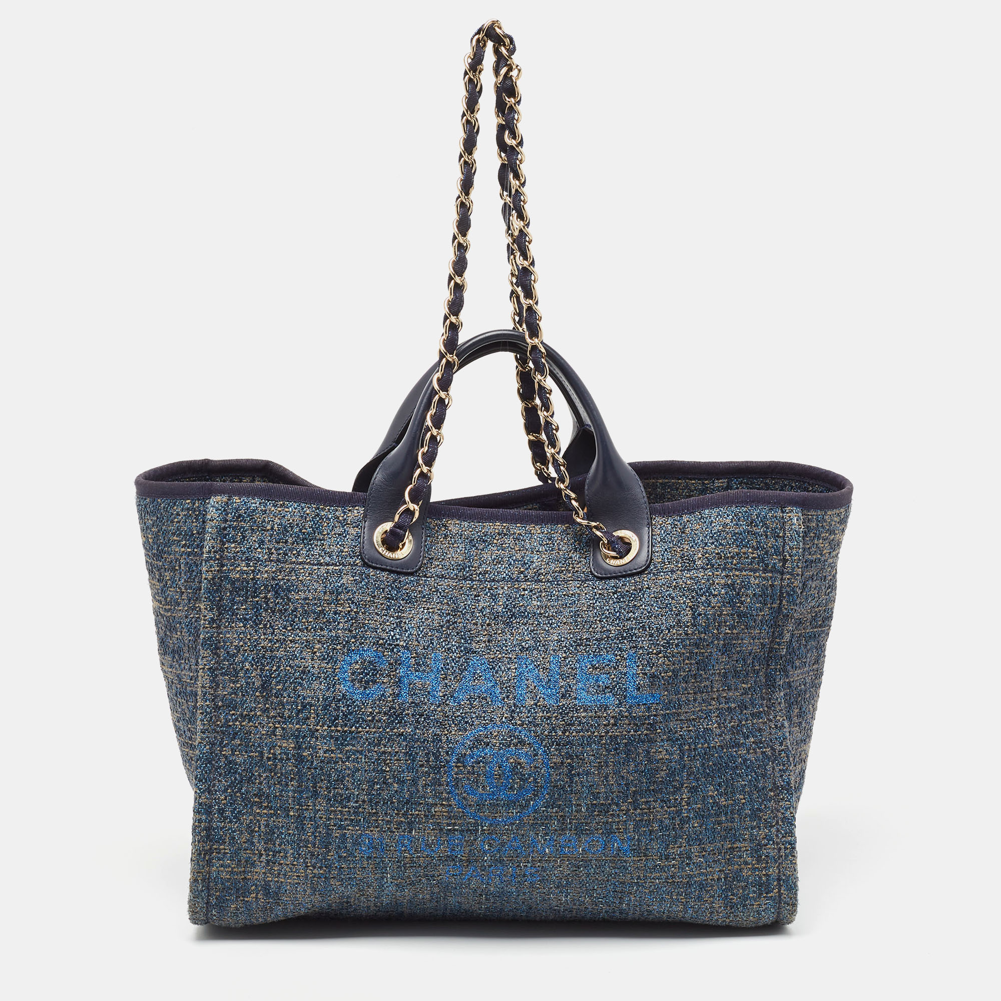 Pre-owned Chanel Blue Raffia And Leather Medium Deauville Tote