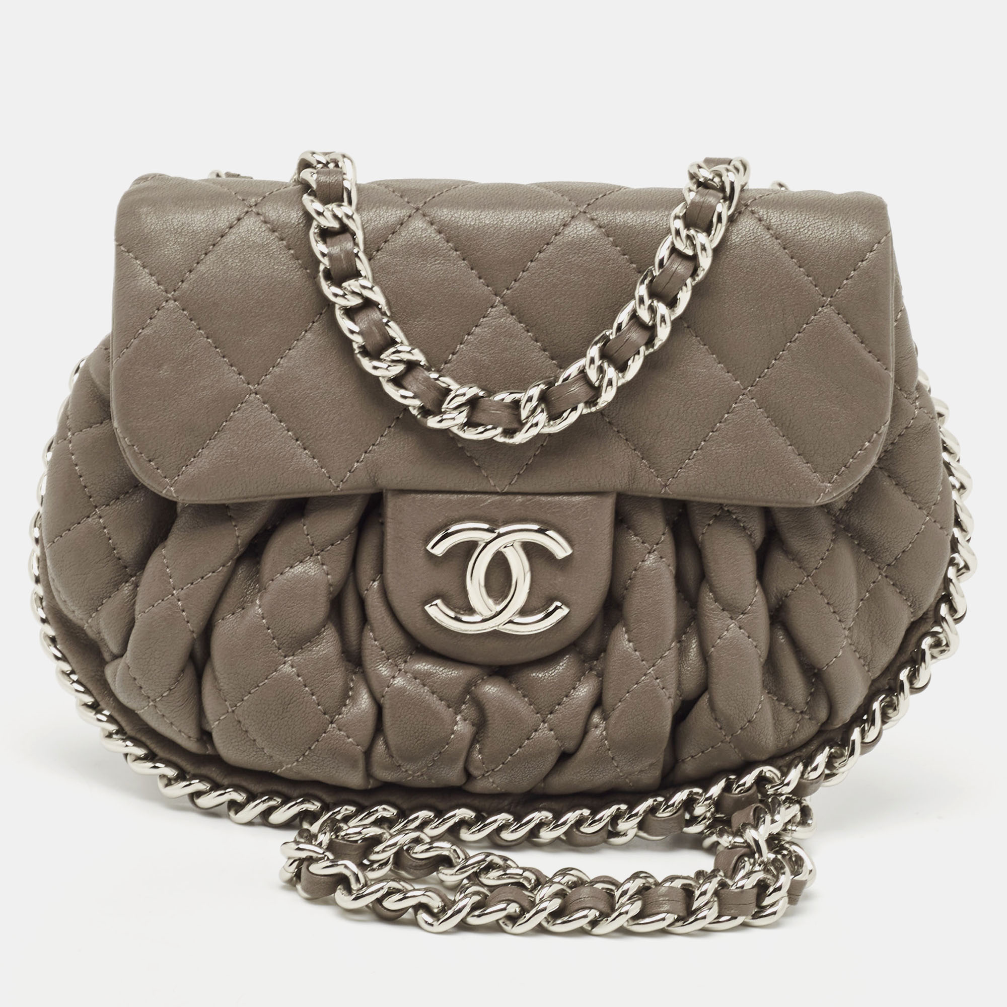 Pre Owned Chanel Brown Quilted Leather Mini Chain Around Flap Bag